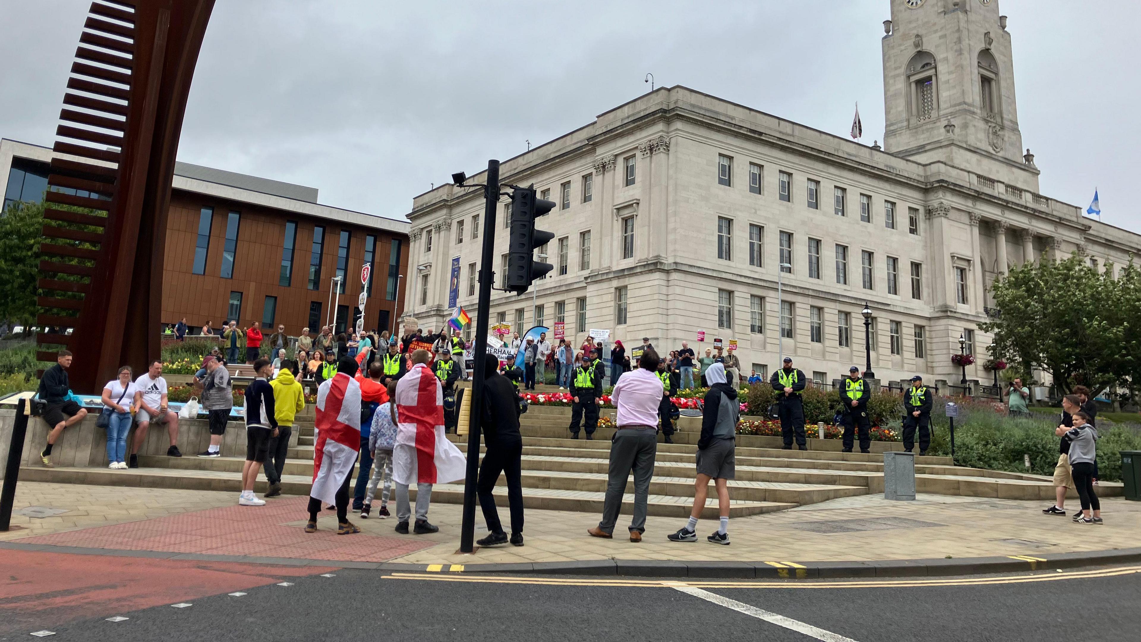 Two groups of protestors separated by police in Barnsley