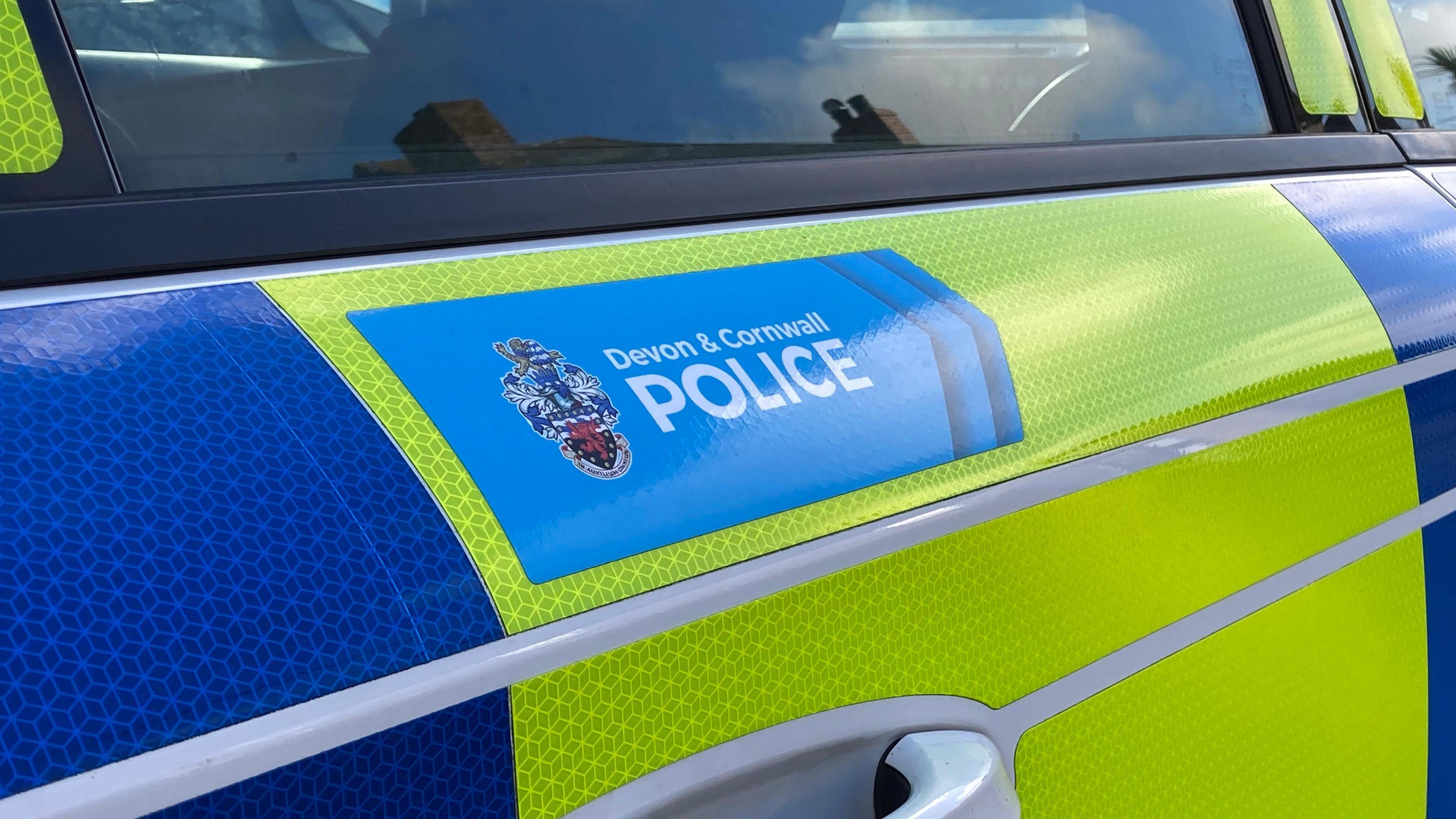 A Devon and Cornwall Police car door, blue and yellow, seen close up.