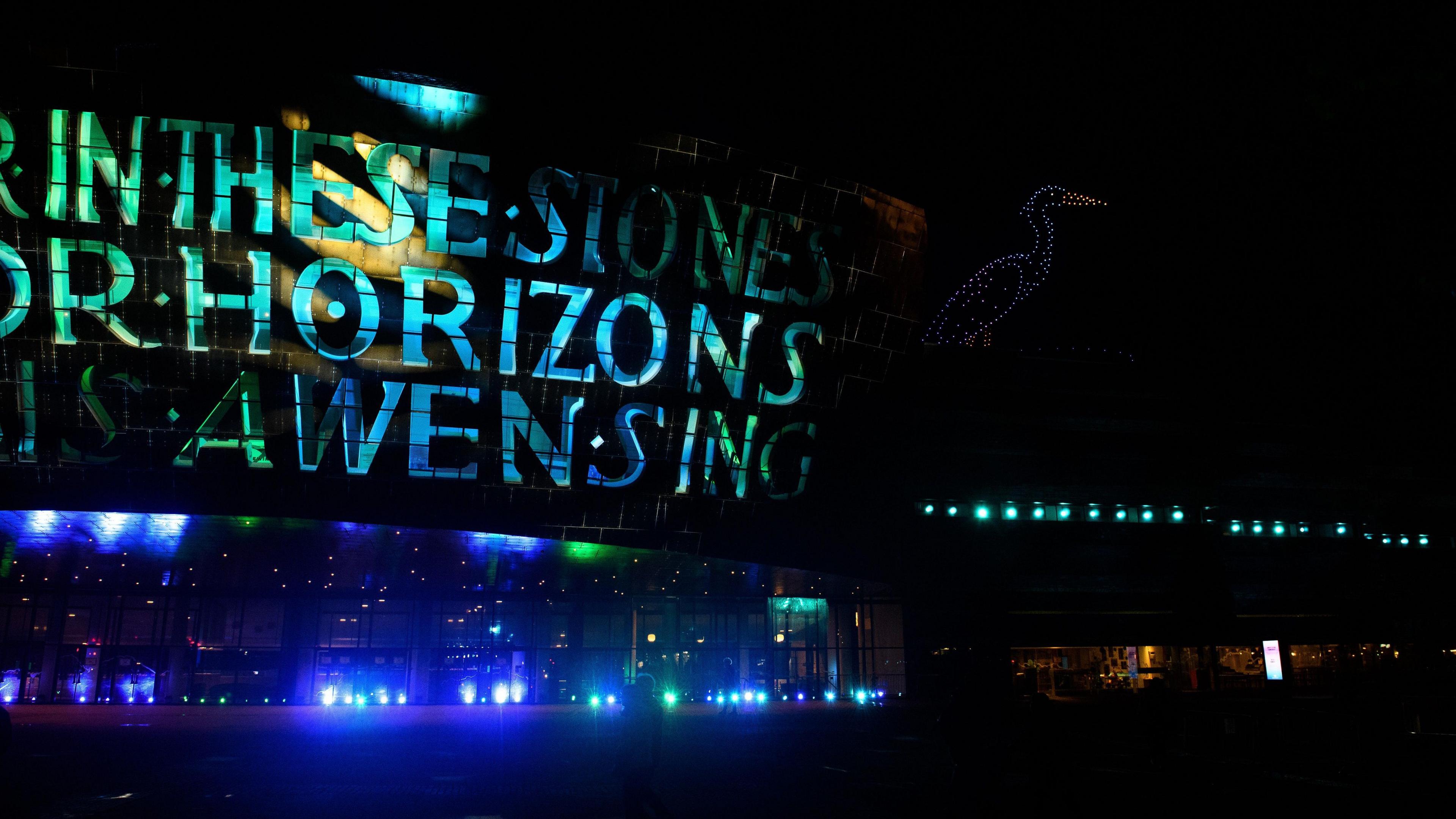 The Wales Millennium Centre lights up for the coronation of King Charles III and Queen Camilla on 7 May, 2023