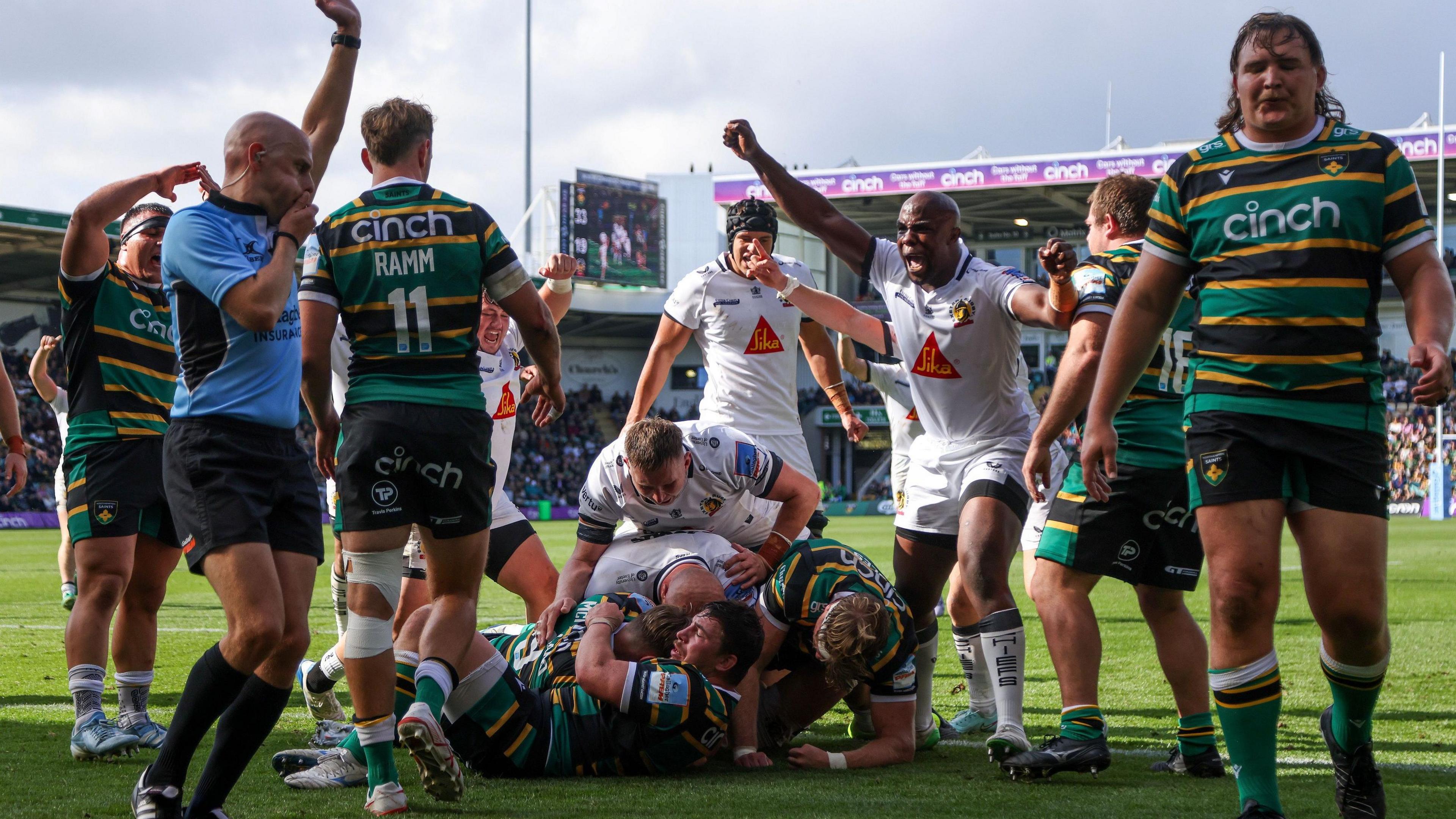 Exeter score a try at Northampton