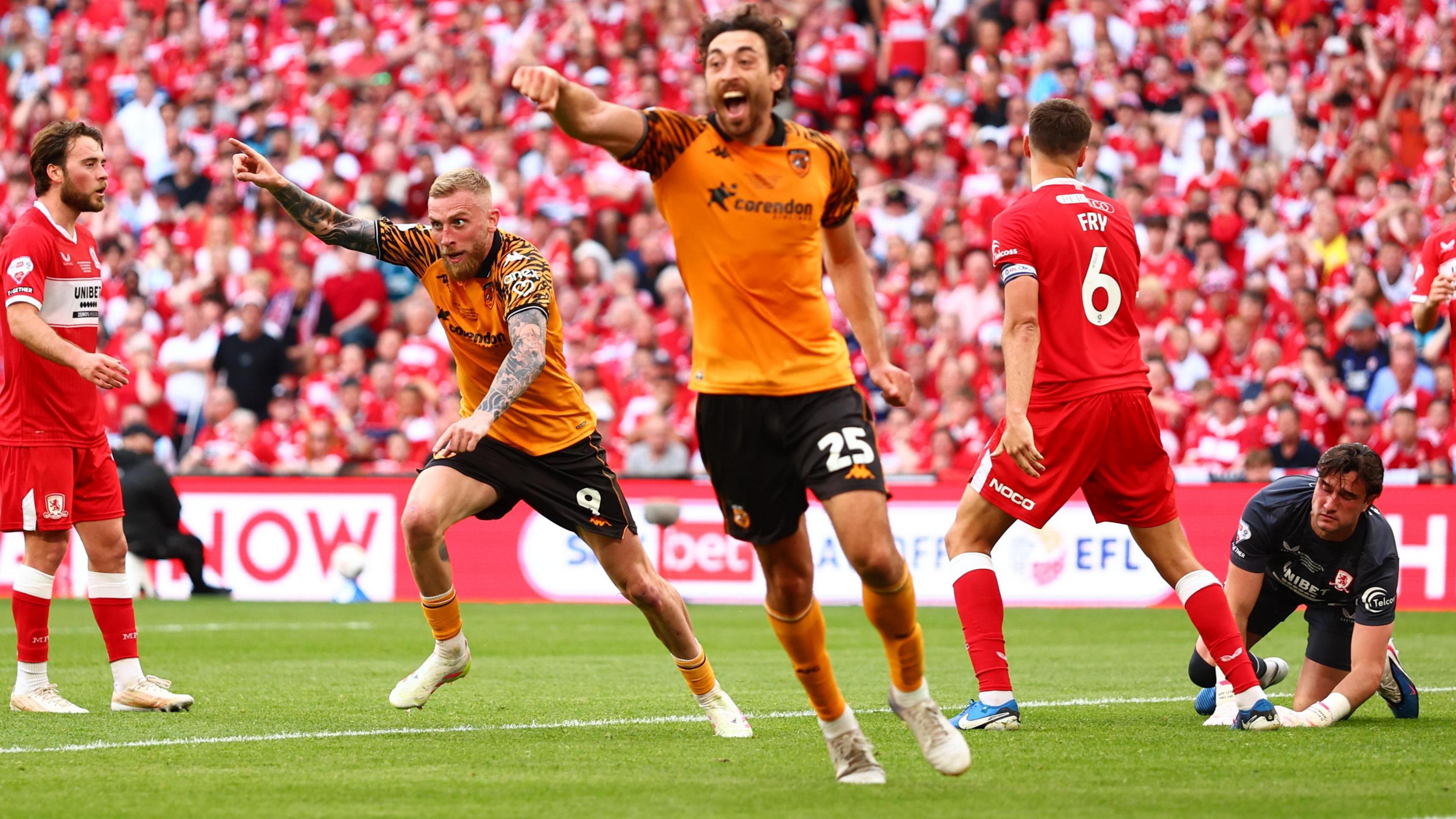 Oli McBurnie scores for Hull against Middlesbrough in the Championship play-off final