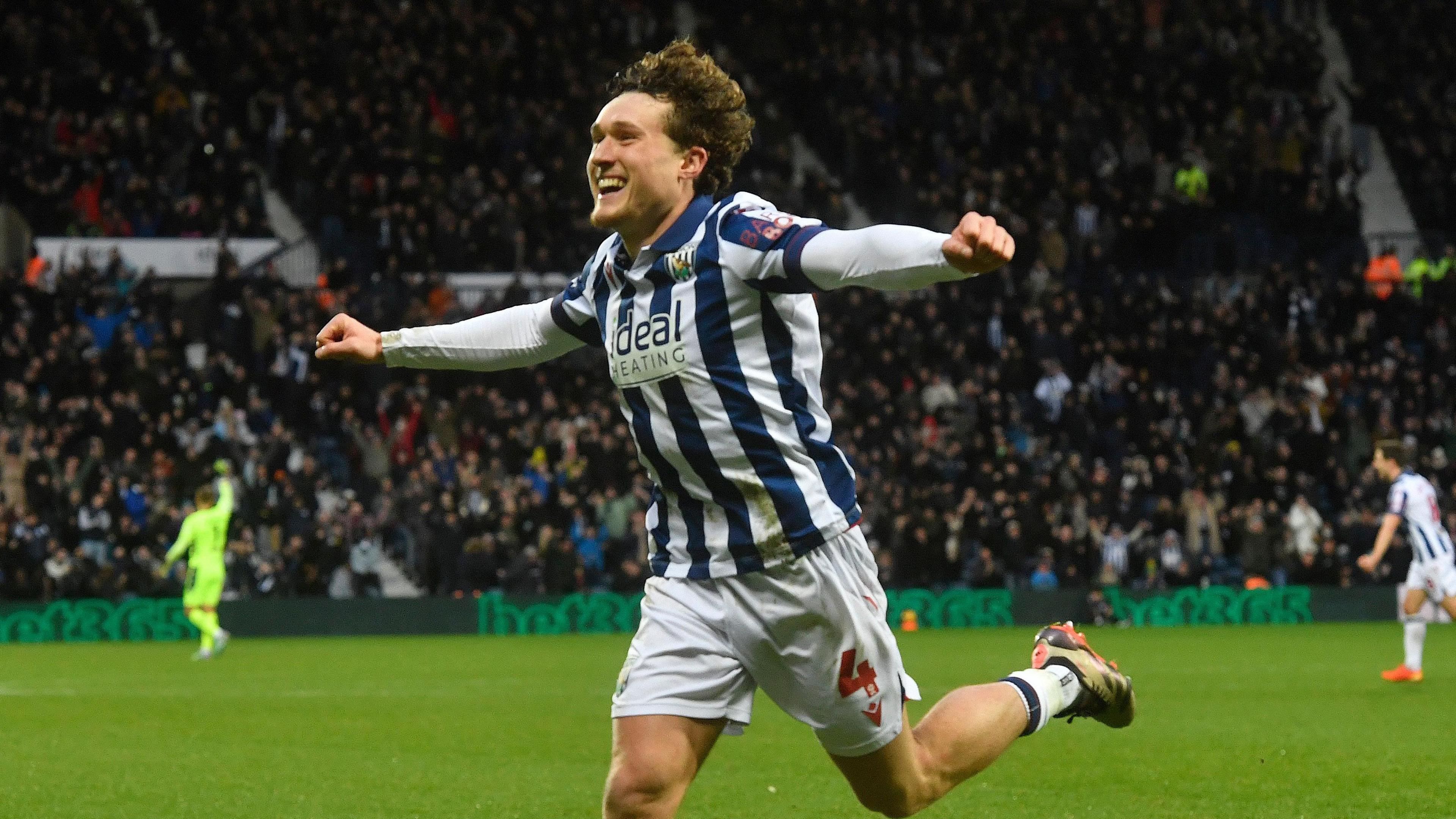 Callum Styles celebrates with his arms out wide after scoring his first goal for West Bromwich Albion