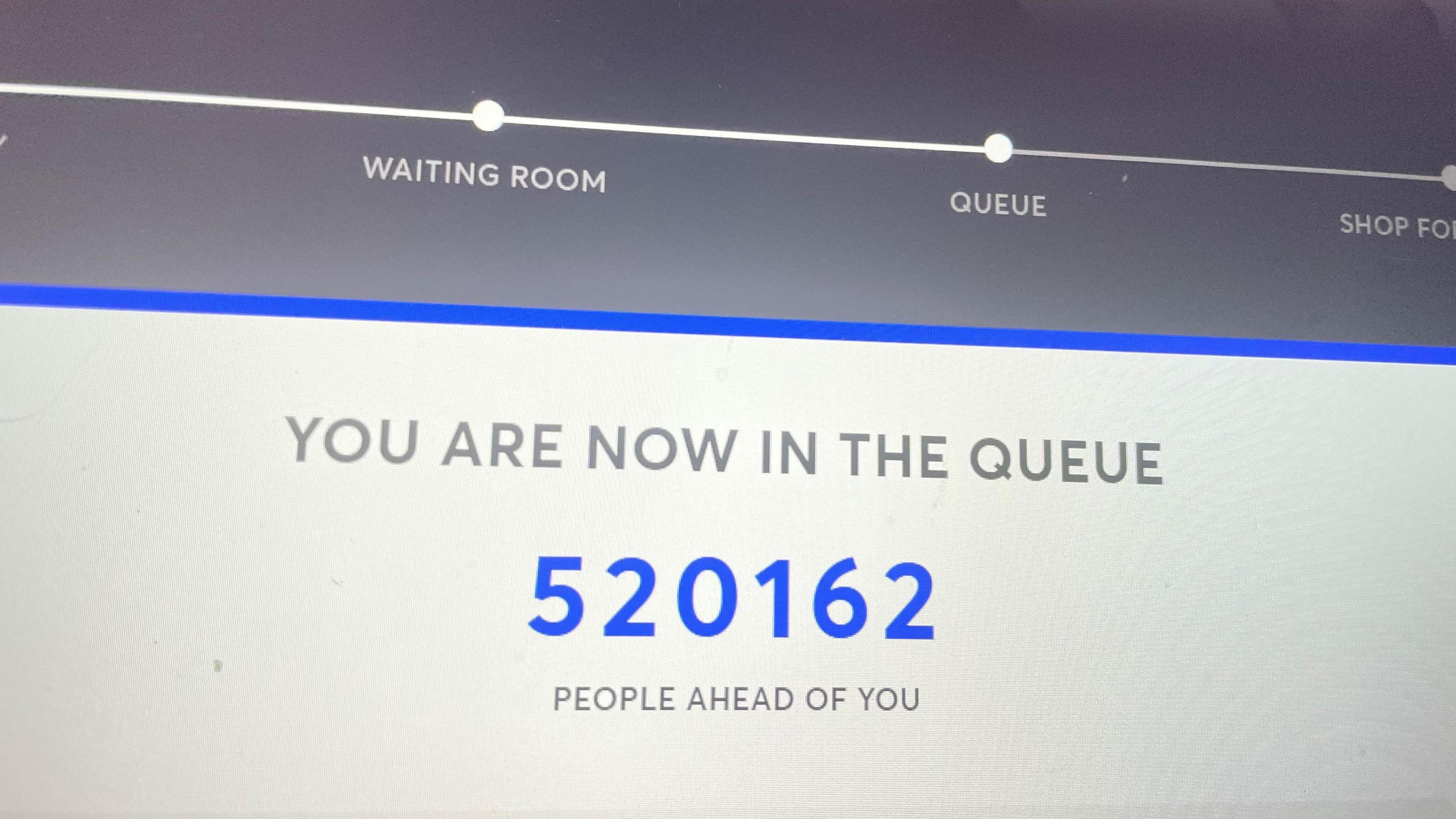 A screen grab of the ticketmaster website with a message that reads: 'You are now in the queue', followed by the number 520162 in blue to denote the number of people ahead of them.