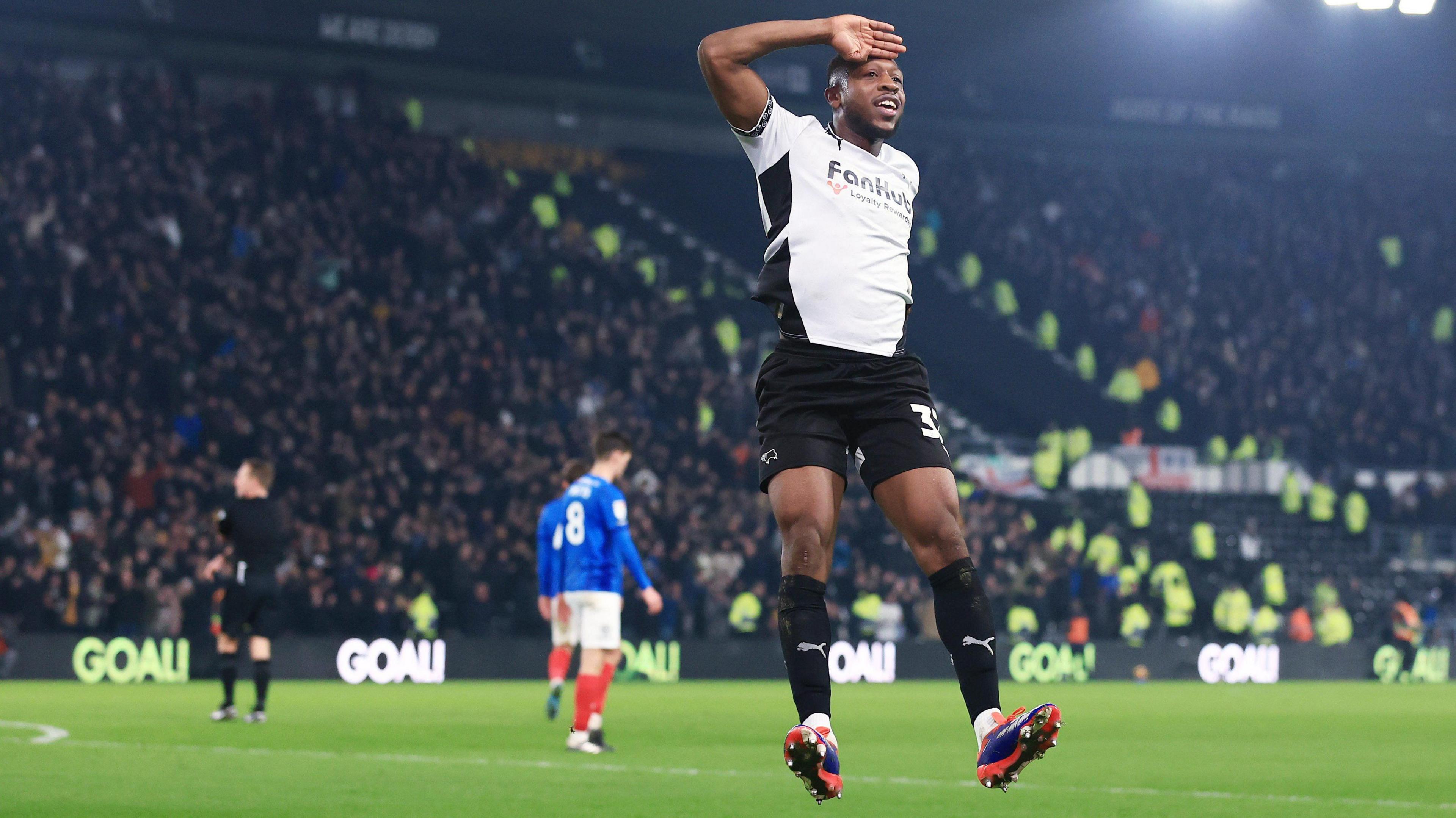 Ebou Adams celebrating scoring for Derby County in their 4-0 win over Portsmouth