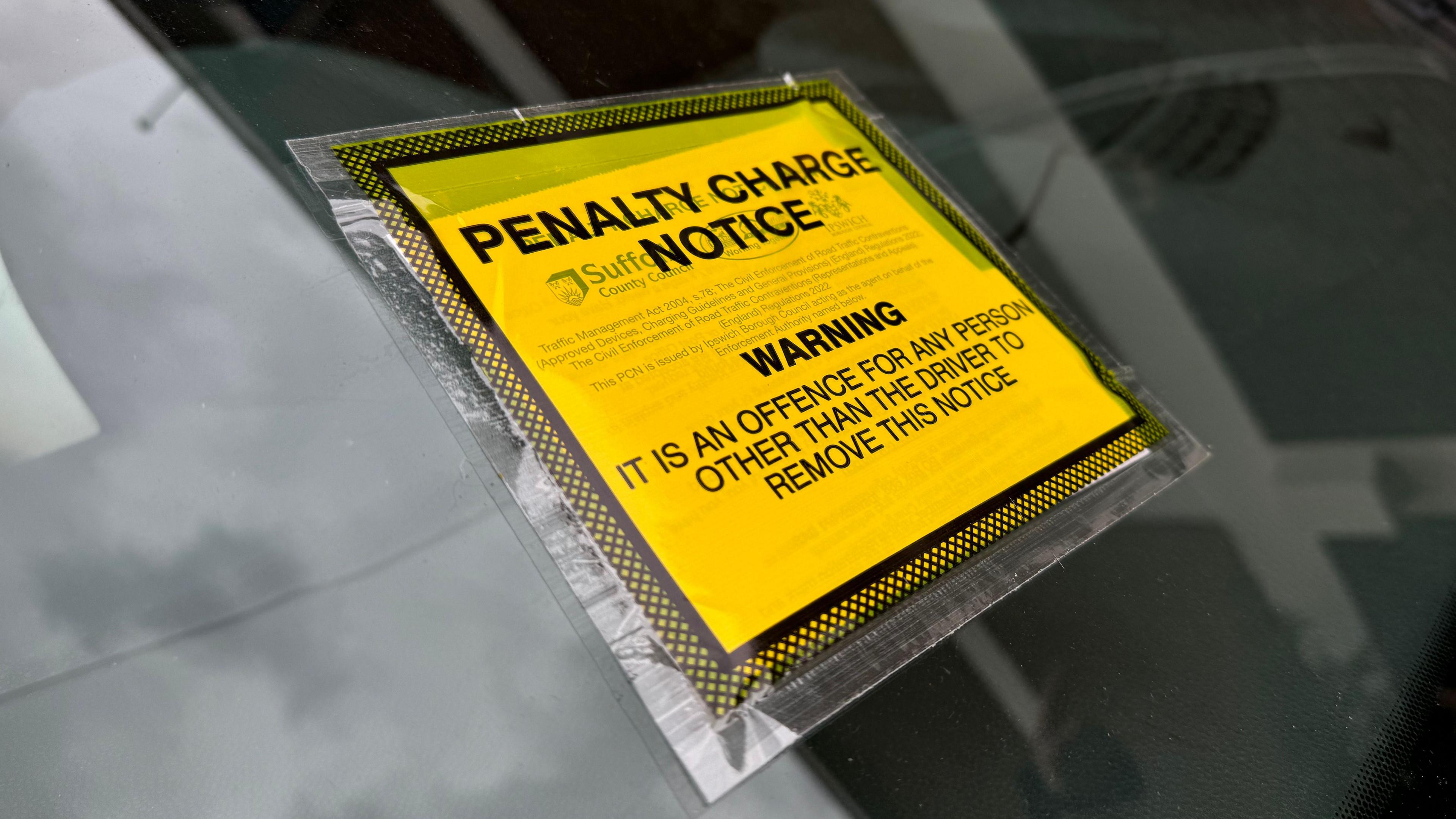 A parking fine on a car found illegally parked in Ipswich