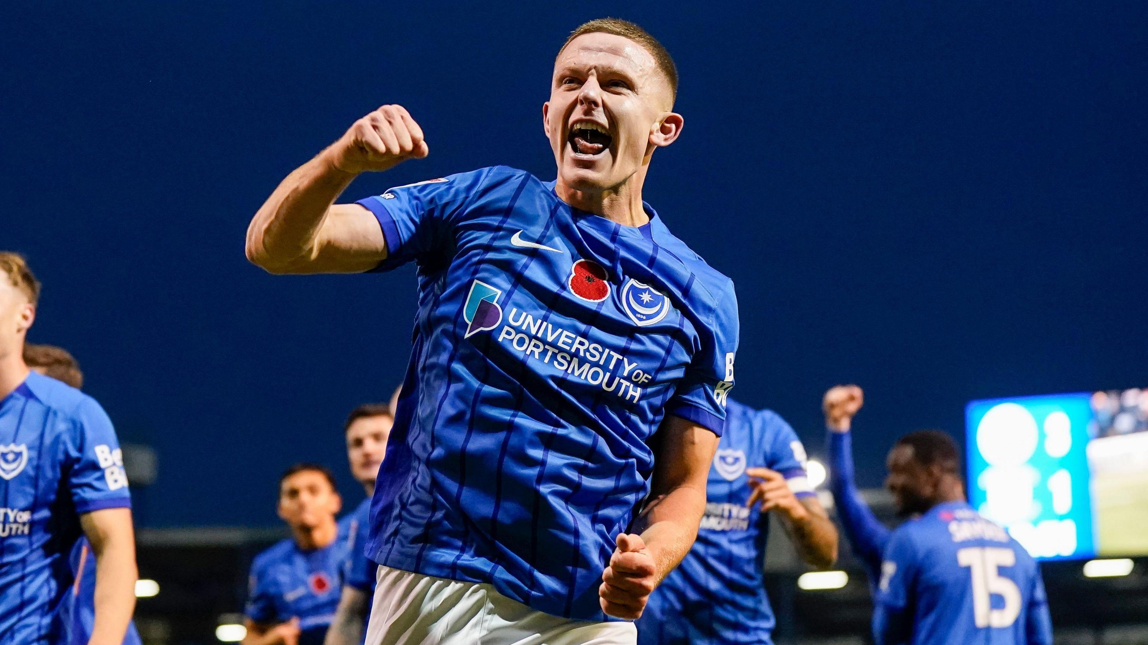 Colby Bishop celebrates scoring in Portsmouth's 3-1 victory over Preston North End 