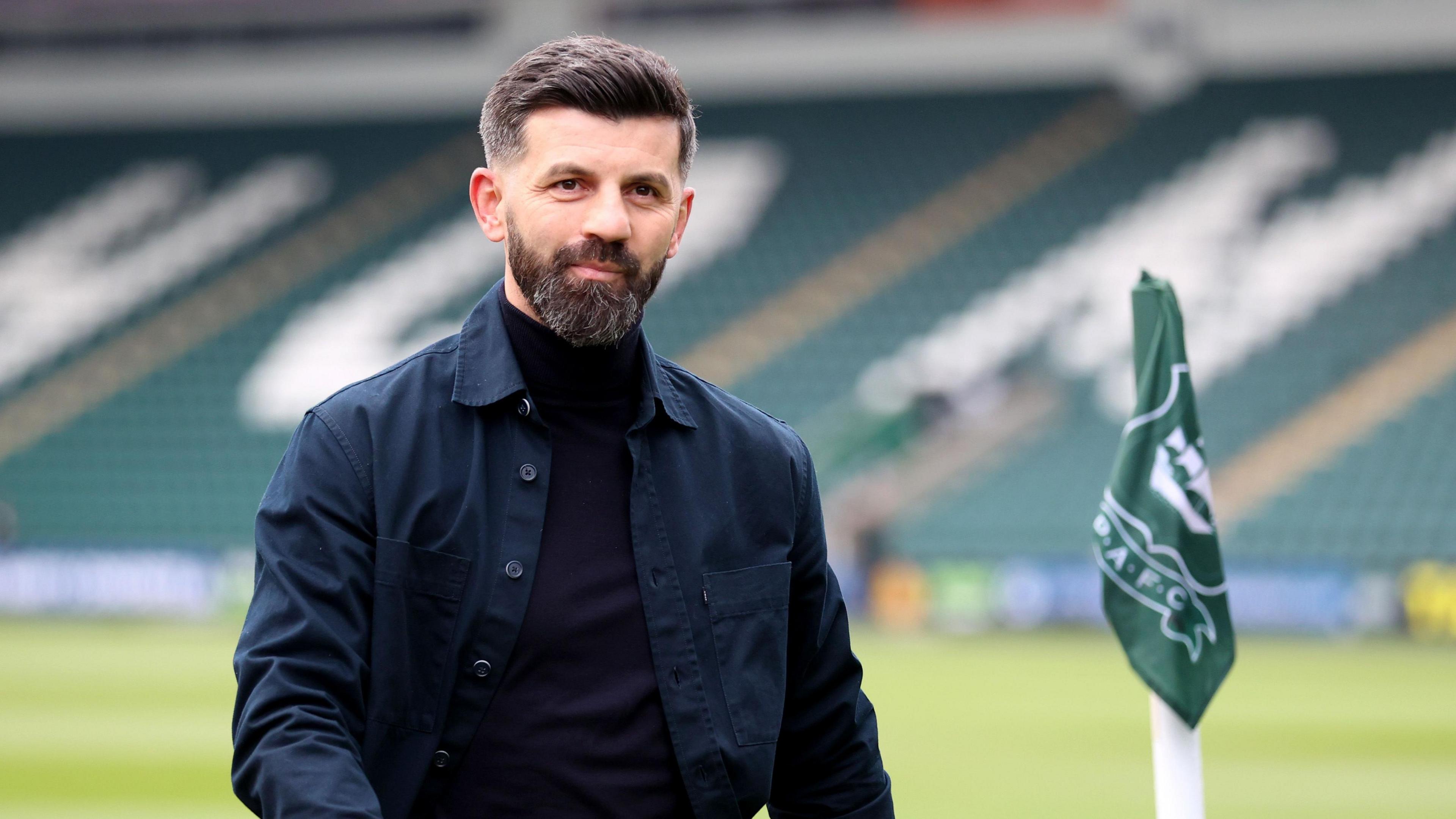 Plymouth Argyle head coach Miron Muslic at Home Park next to corner flag