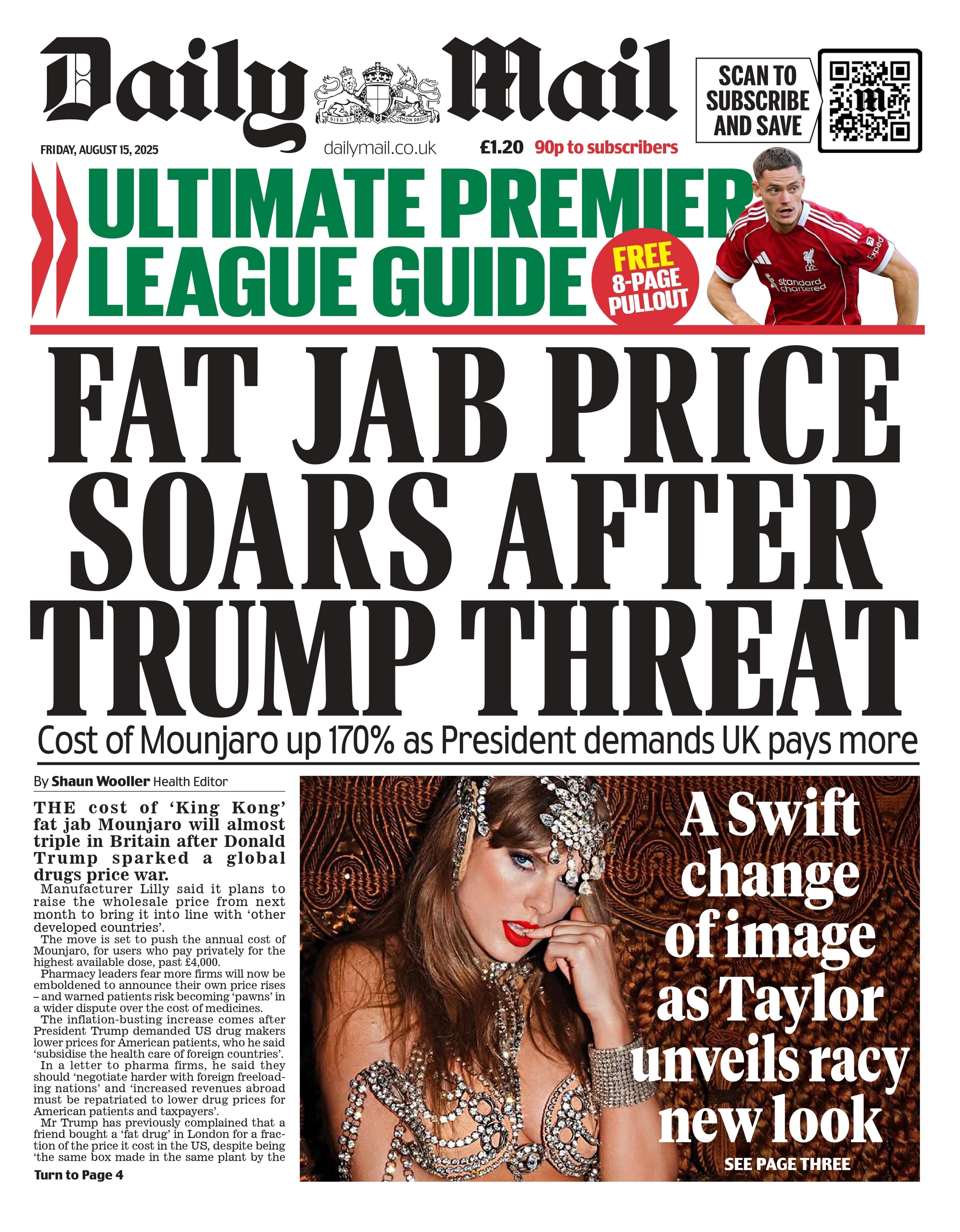 The headline on the front page of the Daily Mail reads: "Fat jab price soars after Trump threat". 
