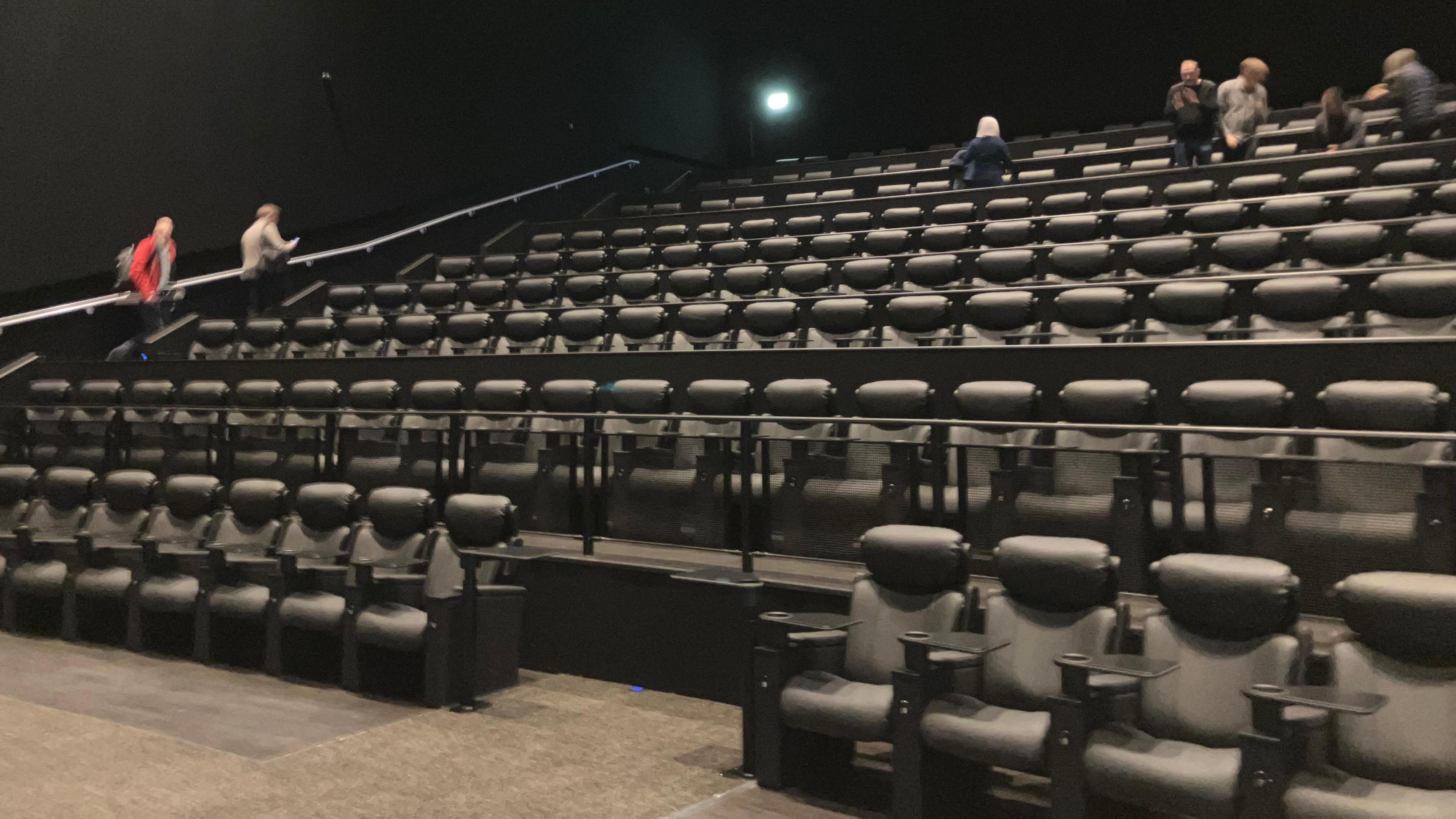 Inside one of the cinema rooms. There are many rows of padded black seats, gradually getting higher up towards the back of the room. A few people are browsing in the rows. The walls are black.