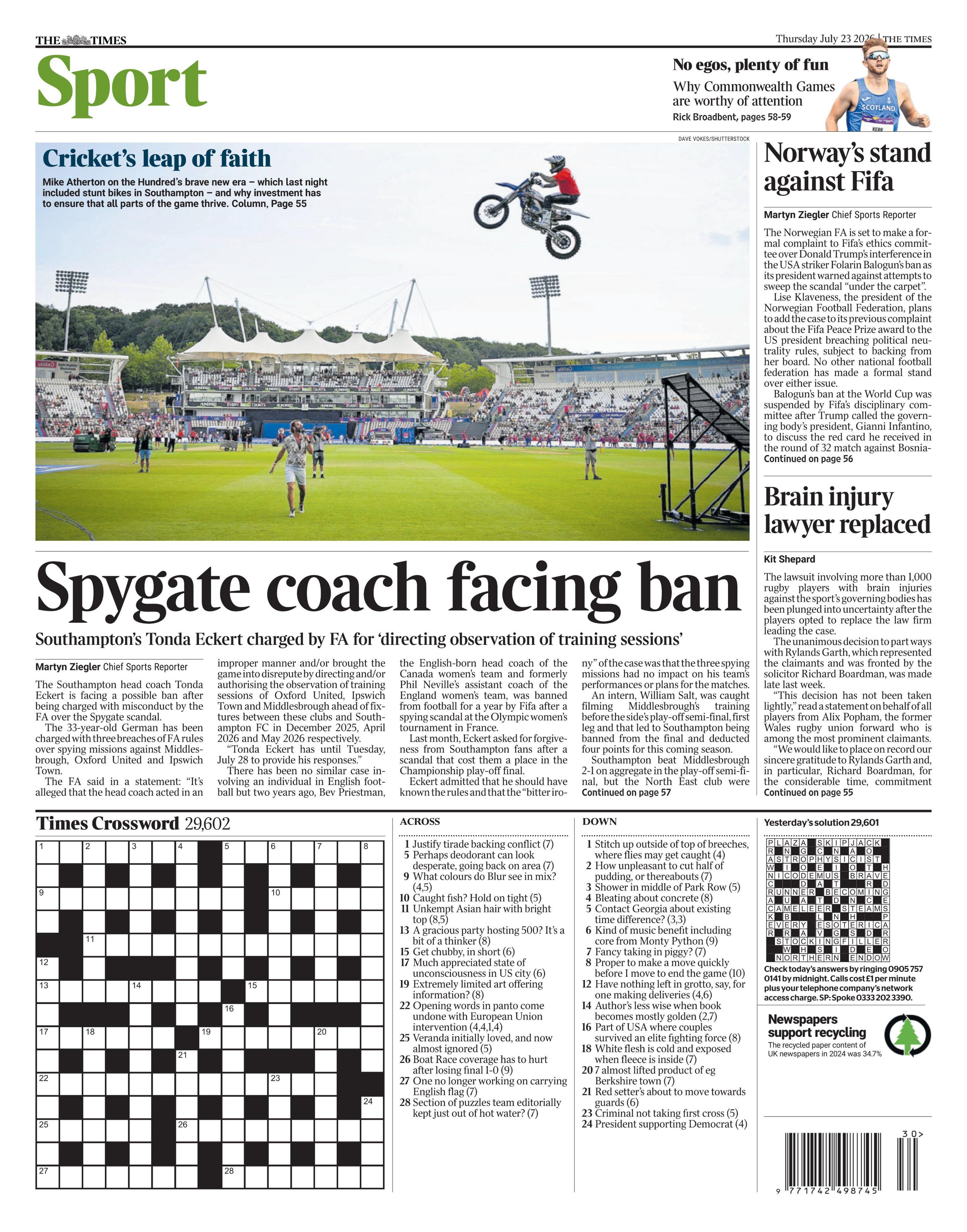 Back page of The Times for 23rd July, headline 'Spygate coach facing ban'