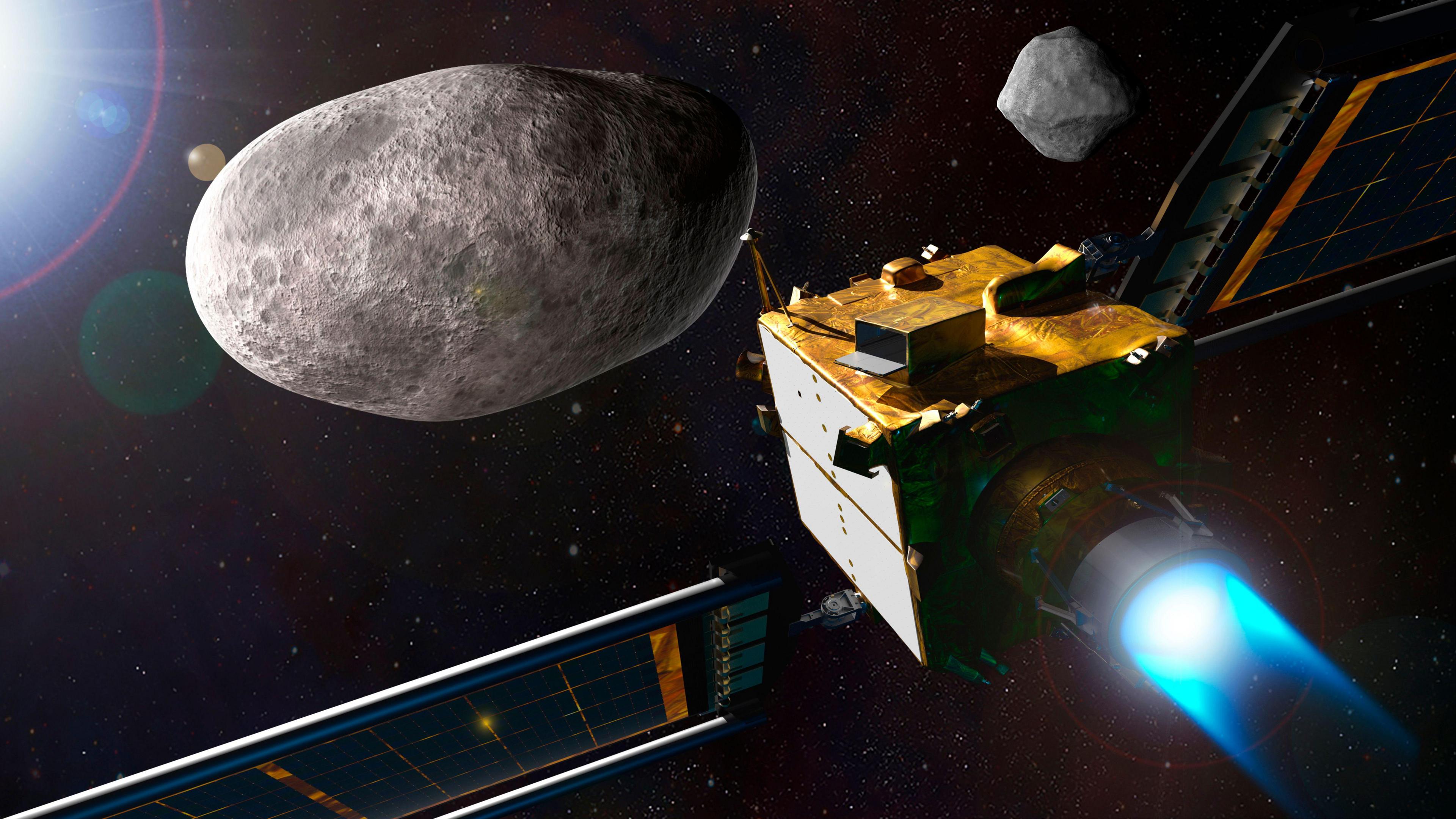 Artwork of Nasa's Dart  spacecraft approaching an asteroid