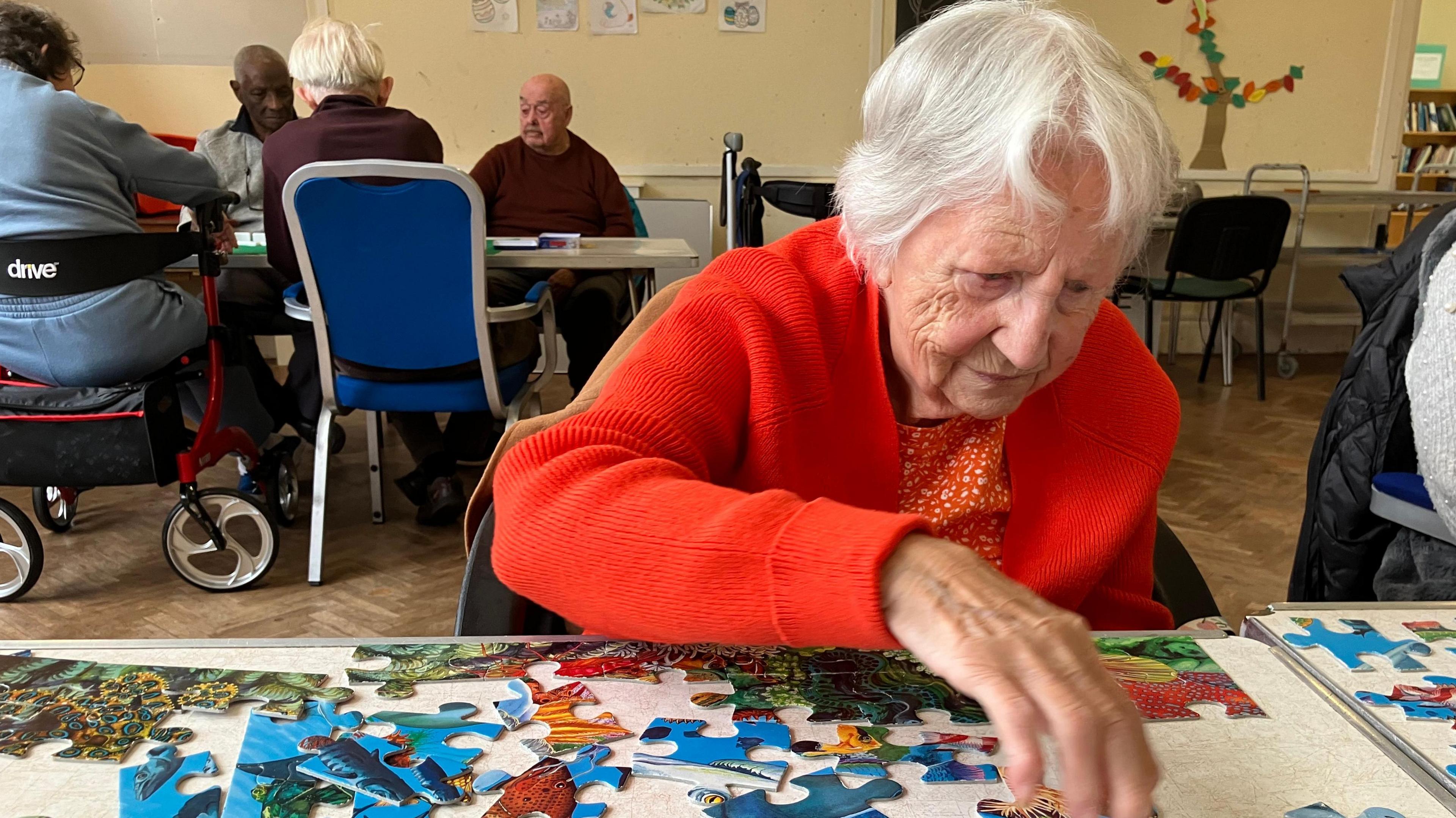 Eileen Lockwood is pictured in a red cardigan with a jigsaw in front of her