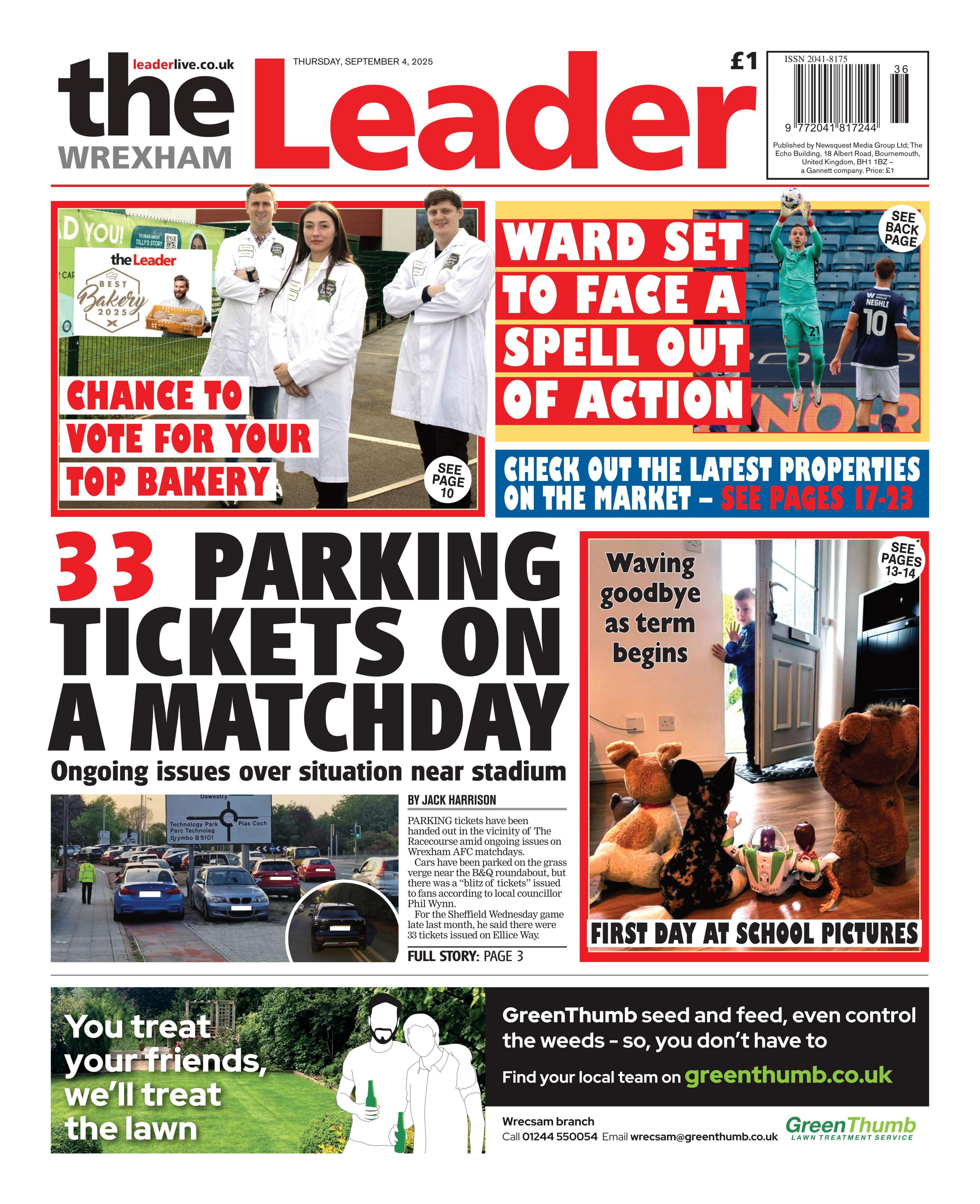 The centre of the page in bold writing reads '33 parking tickets on a matchday'. Two images are above the text, that read (left to right) 'chance to vote for your top bakery' and 'ward set to face a spell out of action'