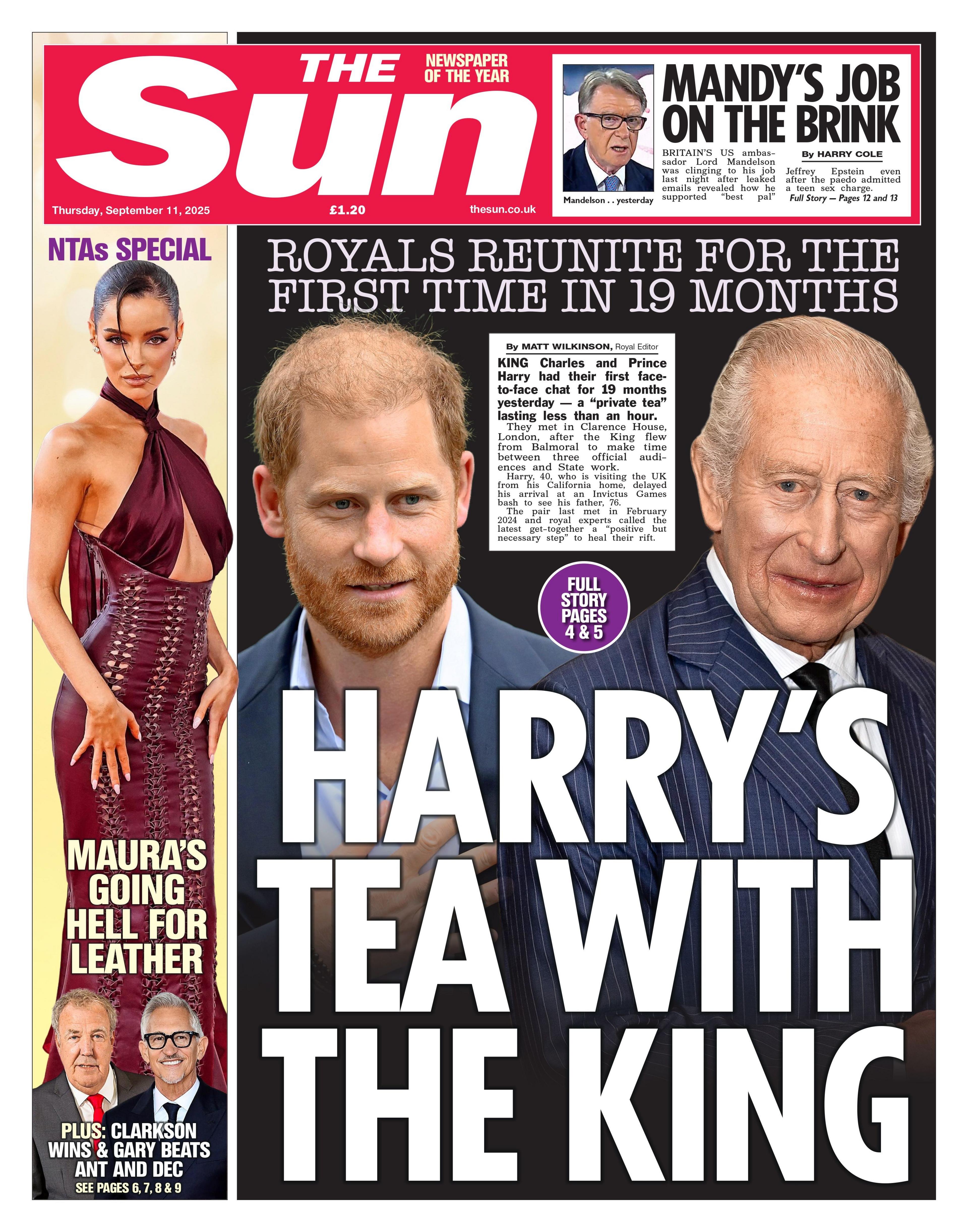 The headline on the front page of the Sun reads: “Harry's tea with the King”.