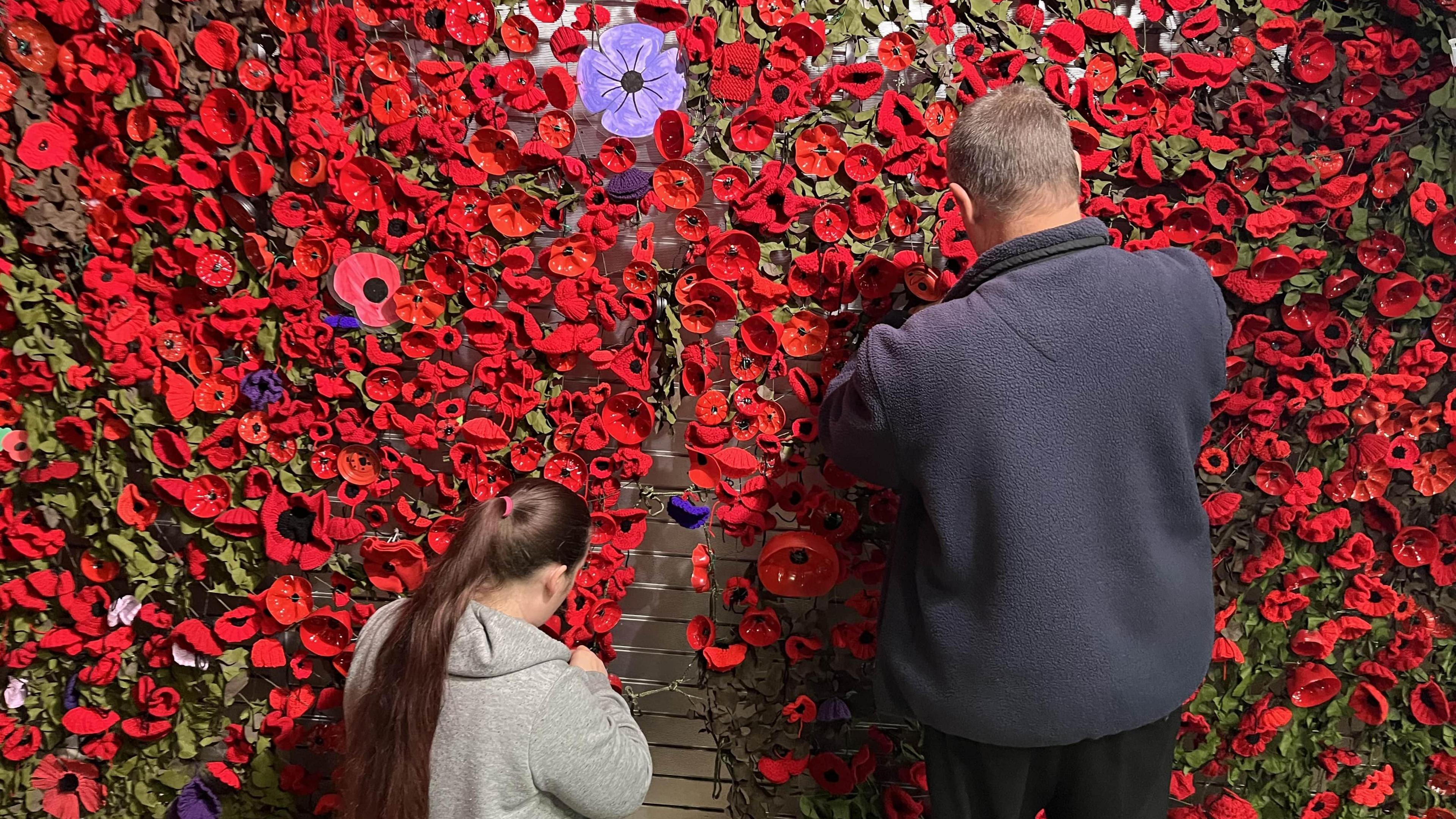 A male and female volunteer place poppies on a wall. The man is wearing a dark blue fleece jacket. The girl, who has long dark hair, has a grey hoodie.