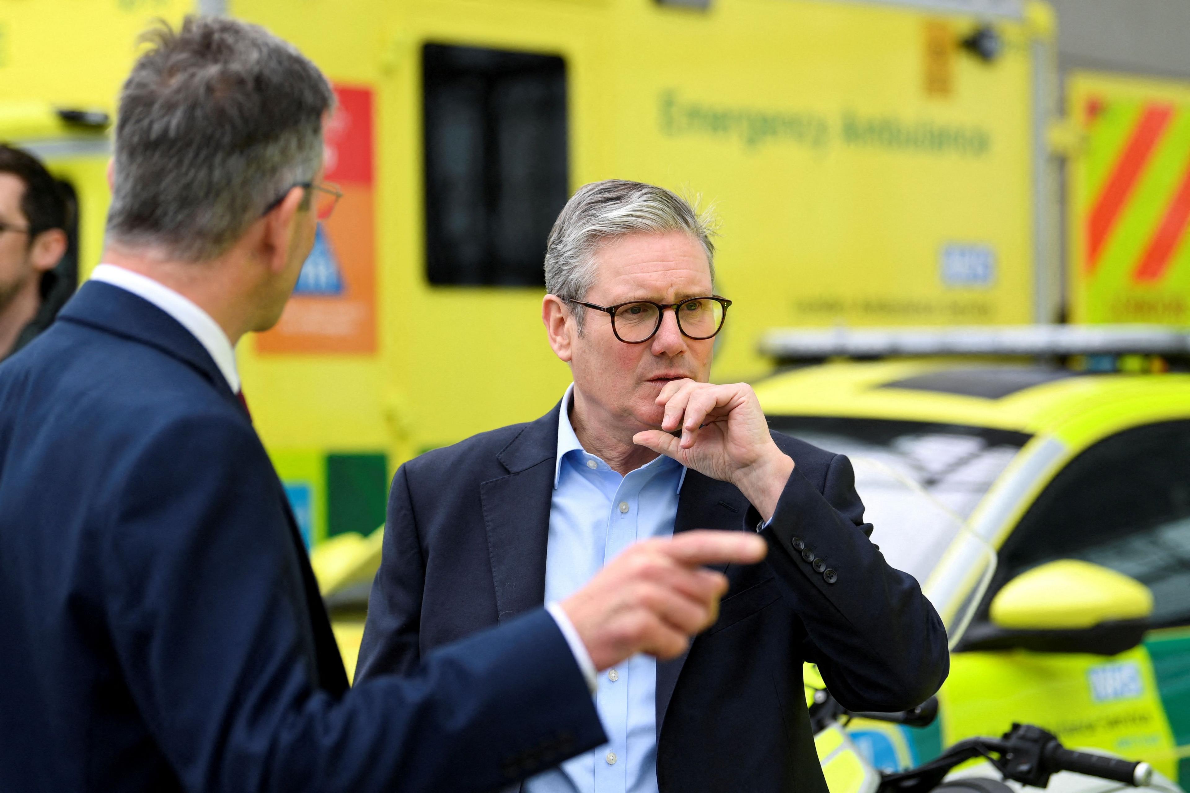 British Prime Minister Keir Starmer outside London ambulance service dockside centre, in London, Britain, October 21, 2024.
