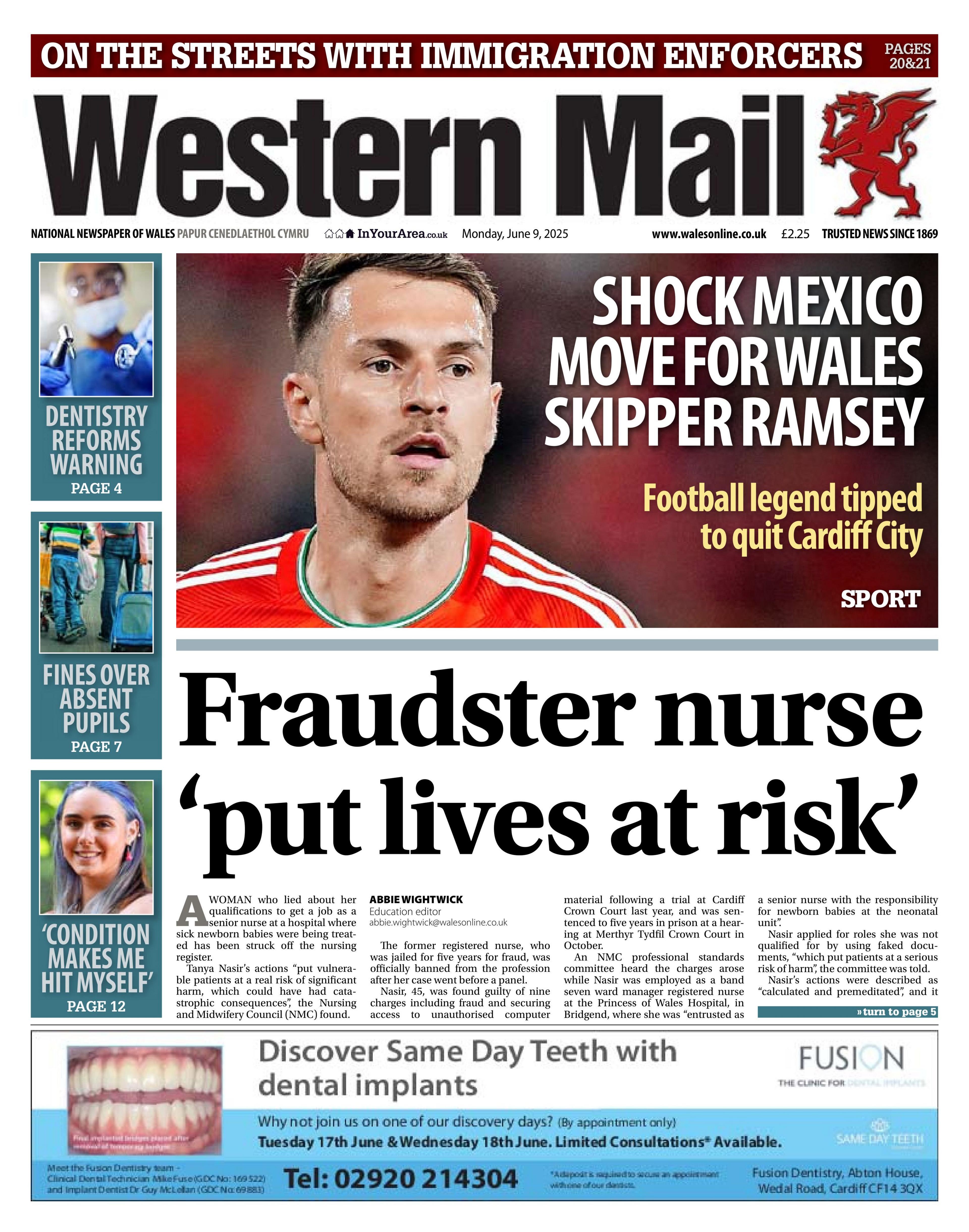 Western Mail newspaper front page shows main headline: Fraudster nurse put lives at risk. Other headline next to a photo of Welsh footballer Aaron Ramsey: Shock Mexico move for Wales skipper Ramsey; Football legend tipped to quit Cardiff City.