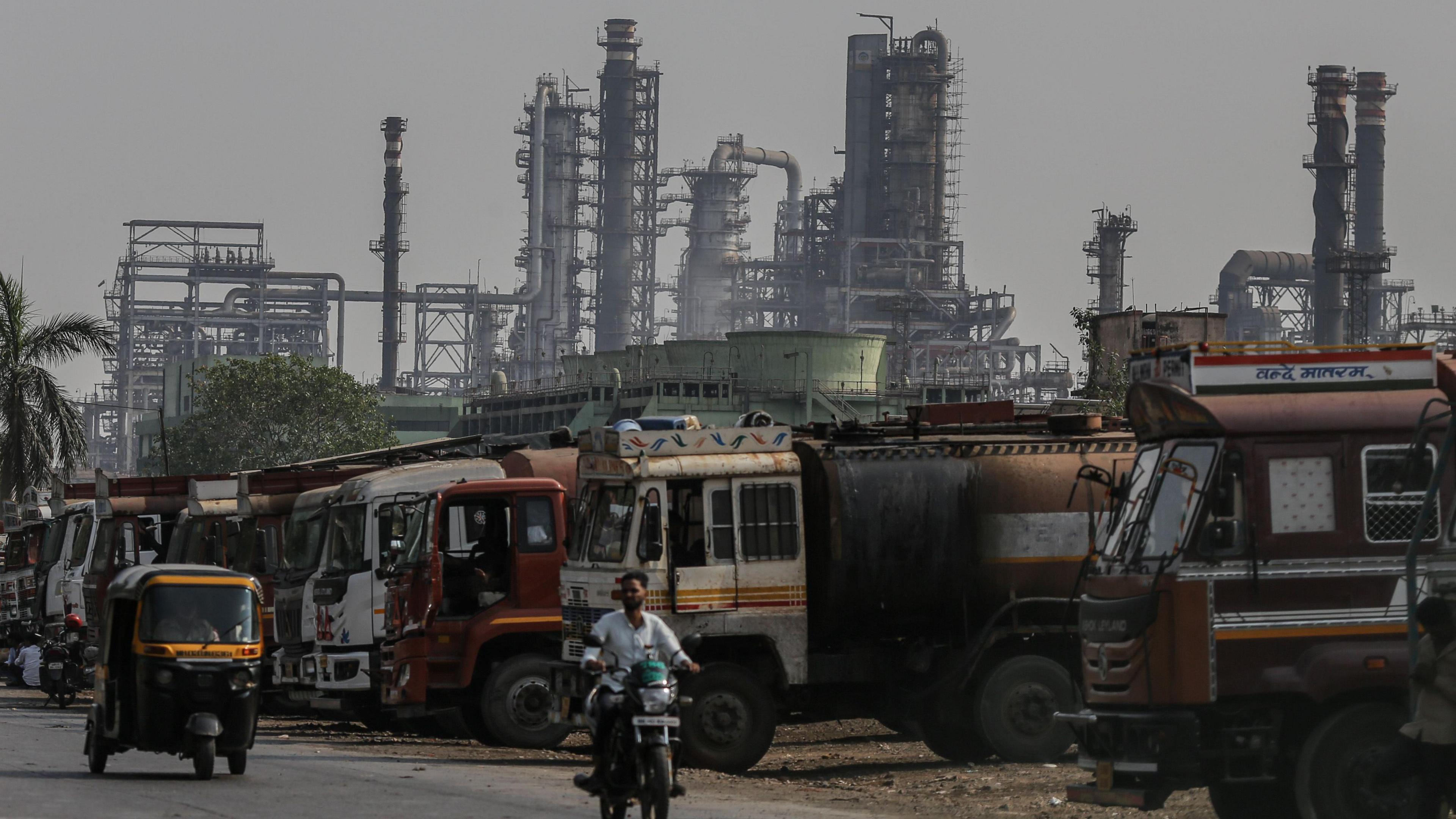 Oil tanker trucks outside an oil refinery operated by Bharat Petroleum Corp. Ltd., in Mumbai, India, on Friday, April 4, 2025