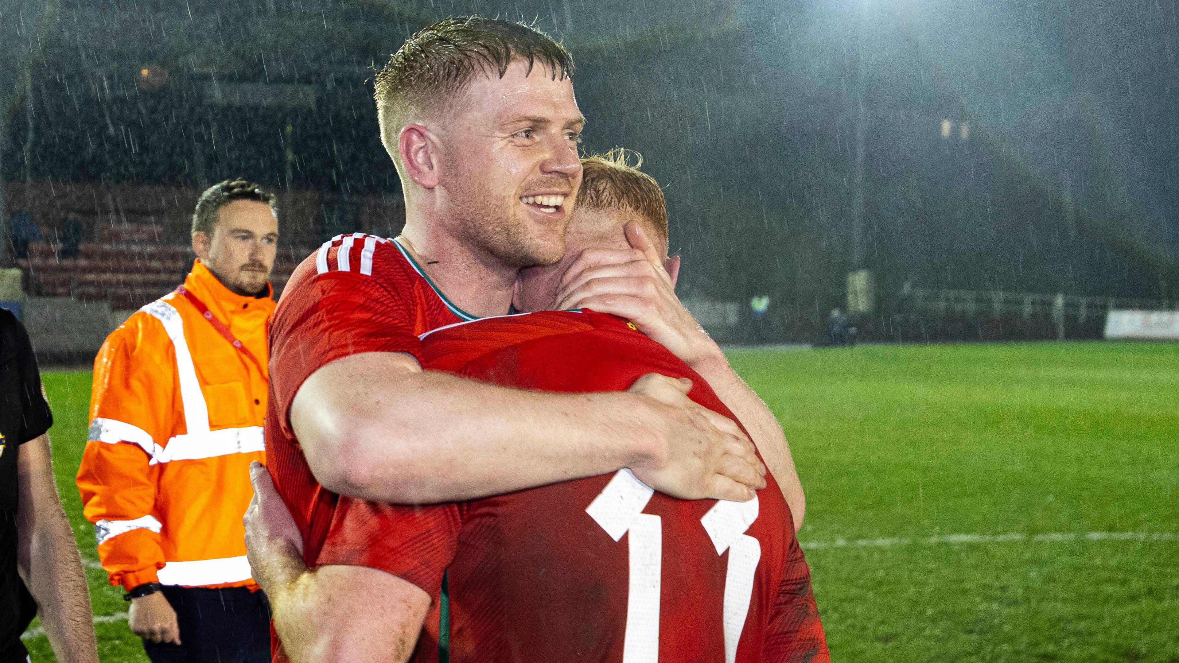 Emlyn Lewis celebrates as Wales C beat England C 4-0 at Llanelli in 2022