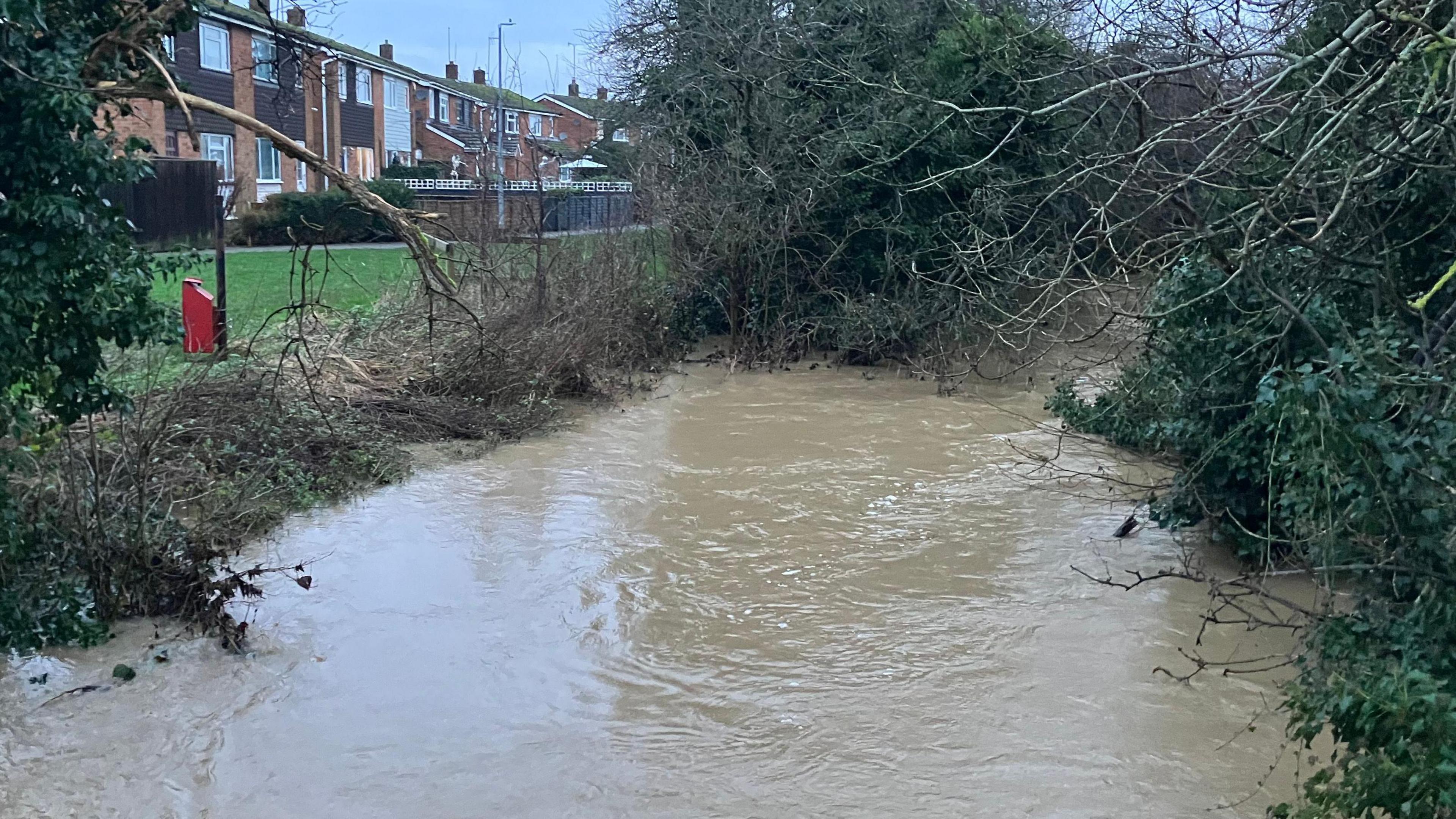 A river beside a row of houses runs very high, and the water has breached the left-hand bank. The water is brown. 