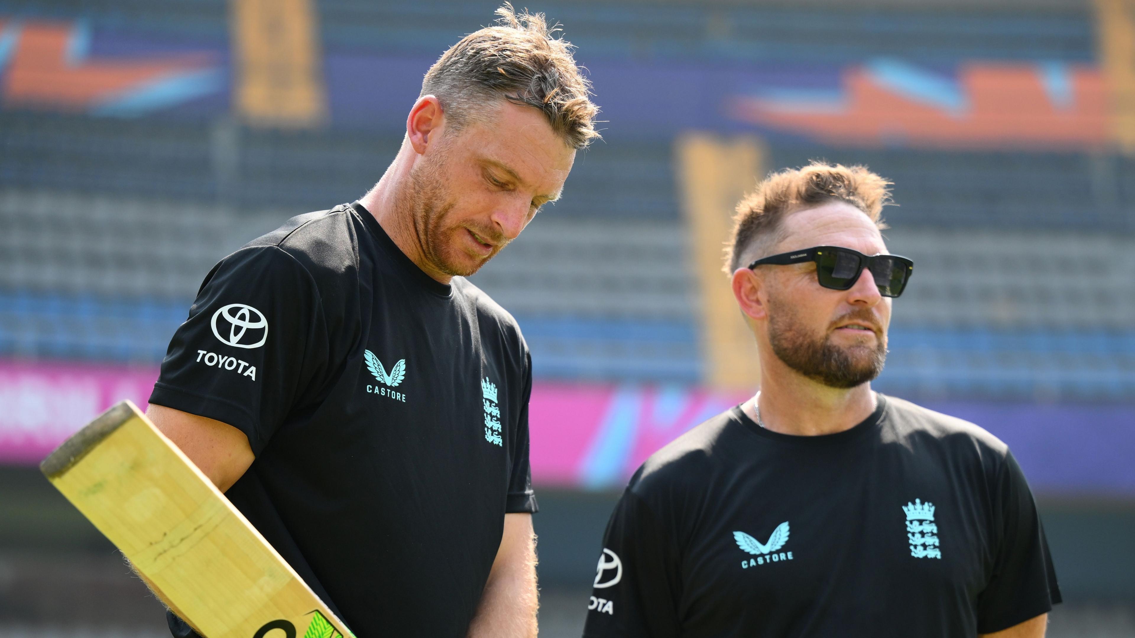 Head coach of England Brendon McCullum and Jos Buttler of England during an ICC Men's T20 World Cup India & Sri Lanka 2026 net session at Wankhede Stadium