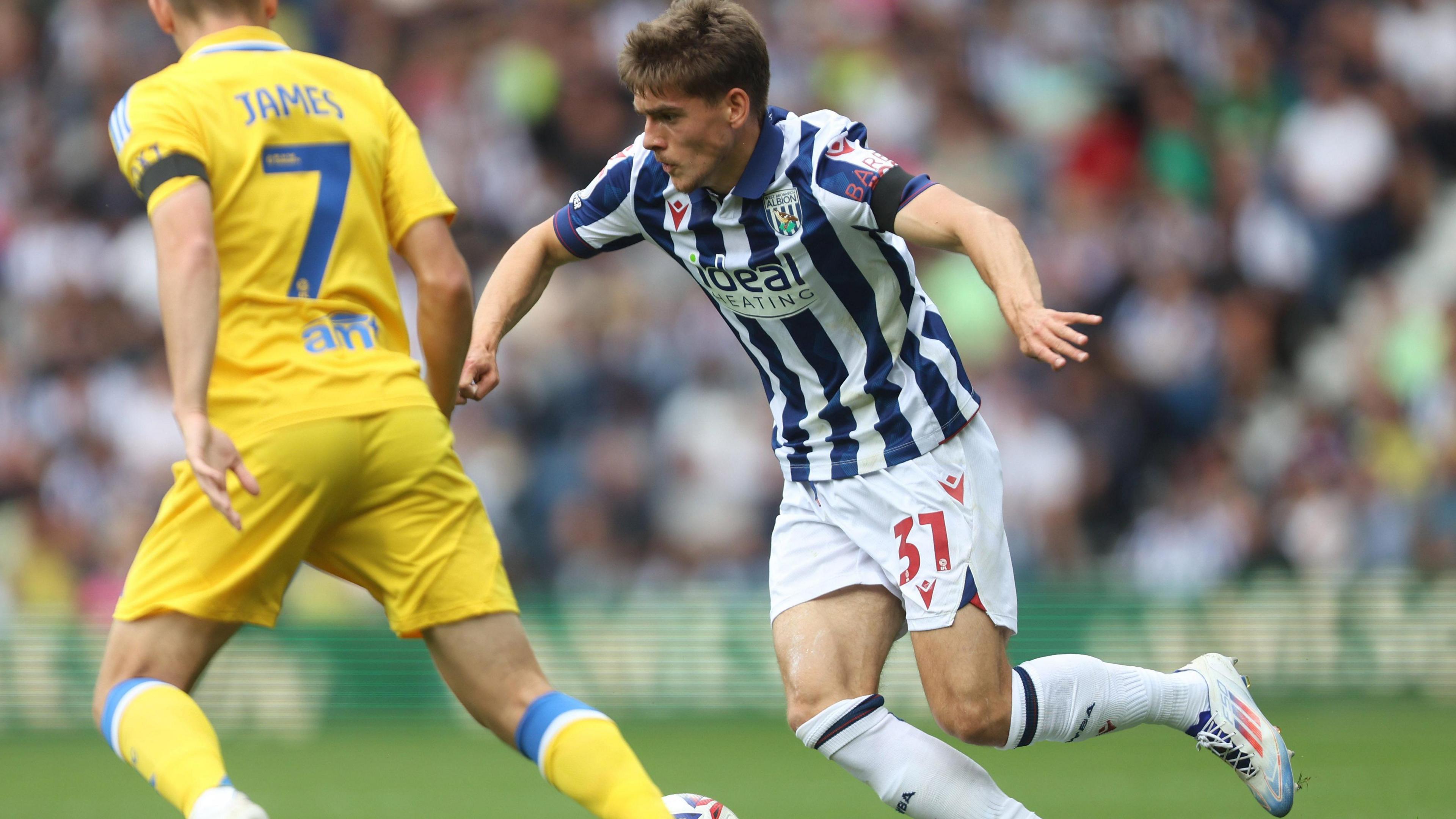 Tom Fellows takes on Dan James in West Bromwich Albion's goalless draw with Leeds at The Hawthorns