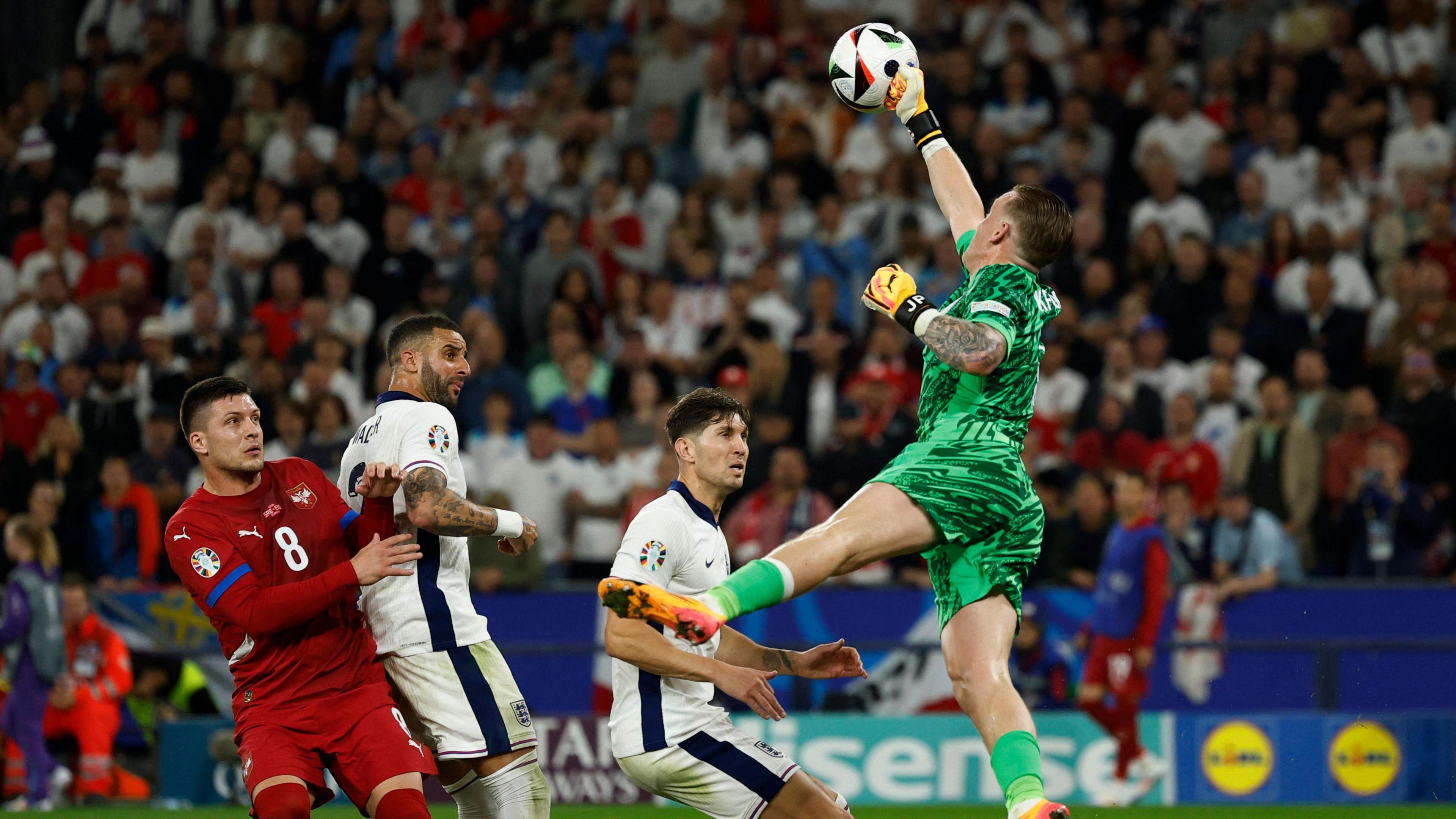 England's Jordan Pickford in action.