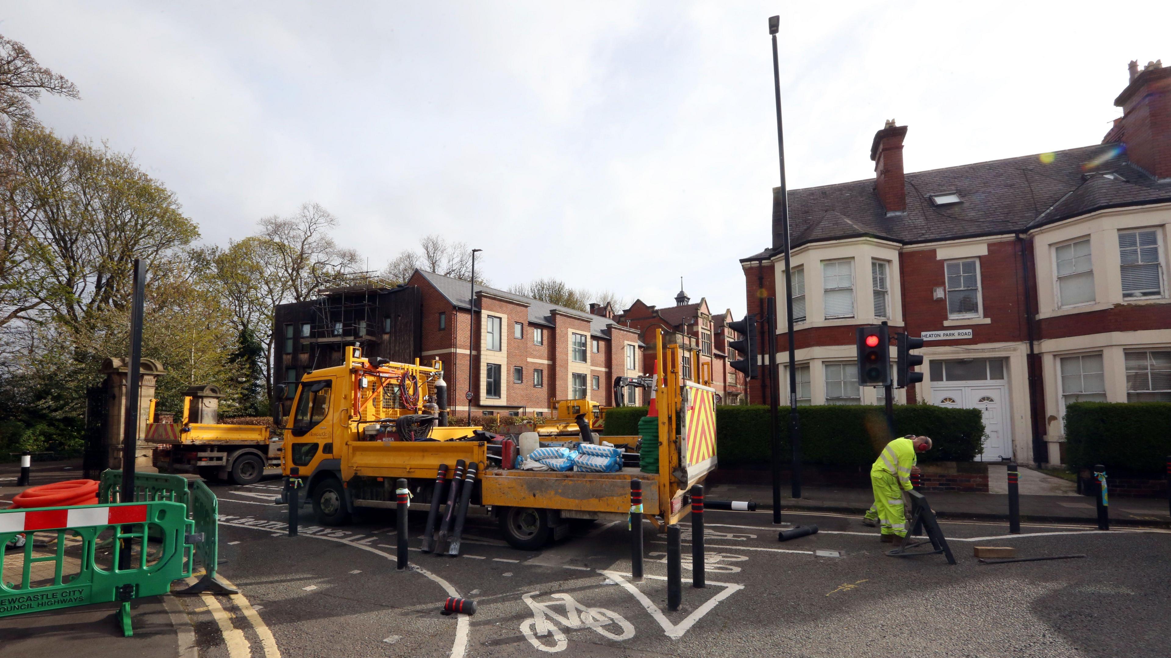 Newcastle City Council staff removing bollards from the Heaton Low Traffic Neighbourhood