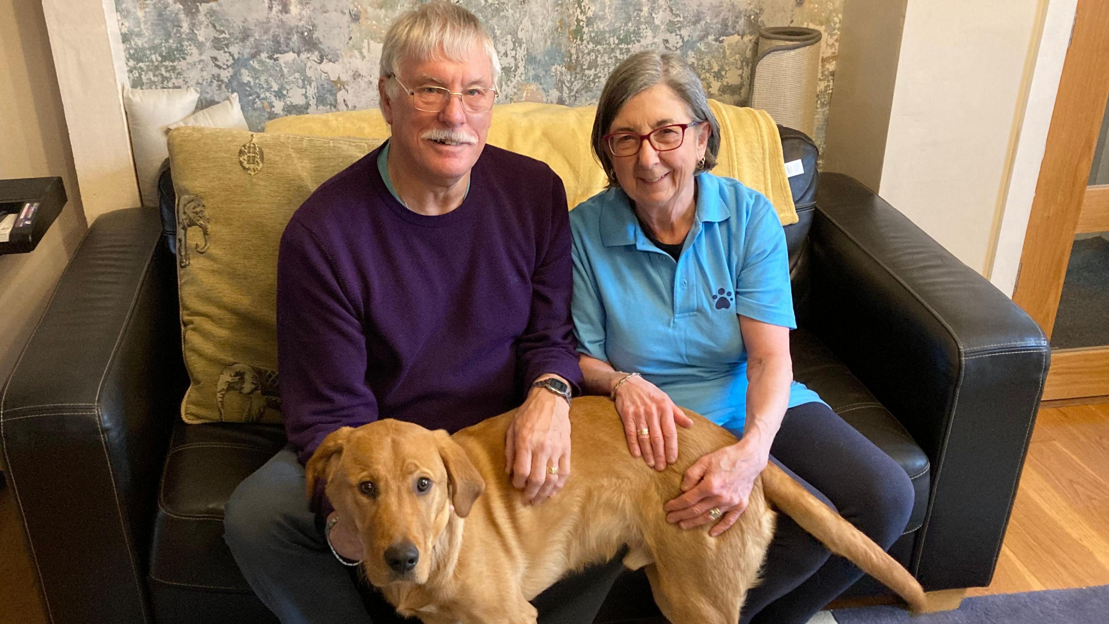 Colin and Anne Daultrey sit on a brown leather sofa and smile at the camera. They both have grey hair and sat around their legs is Karter the puppy. He is a golden colour. The couple smile at the camera.