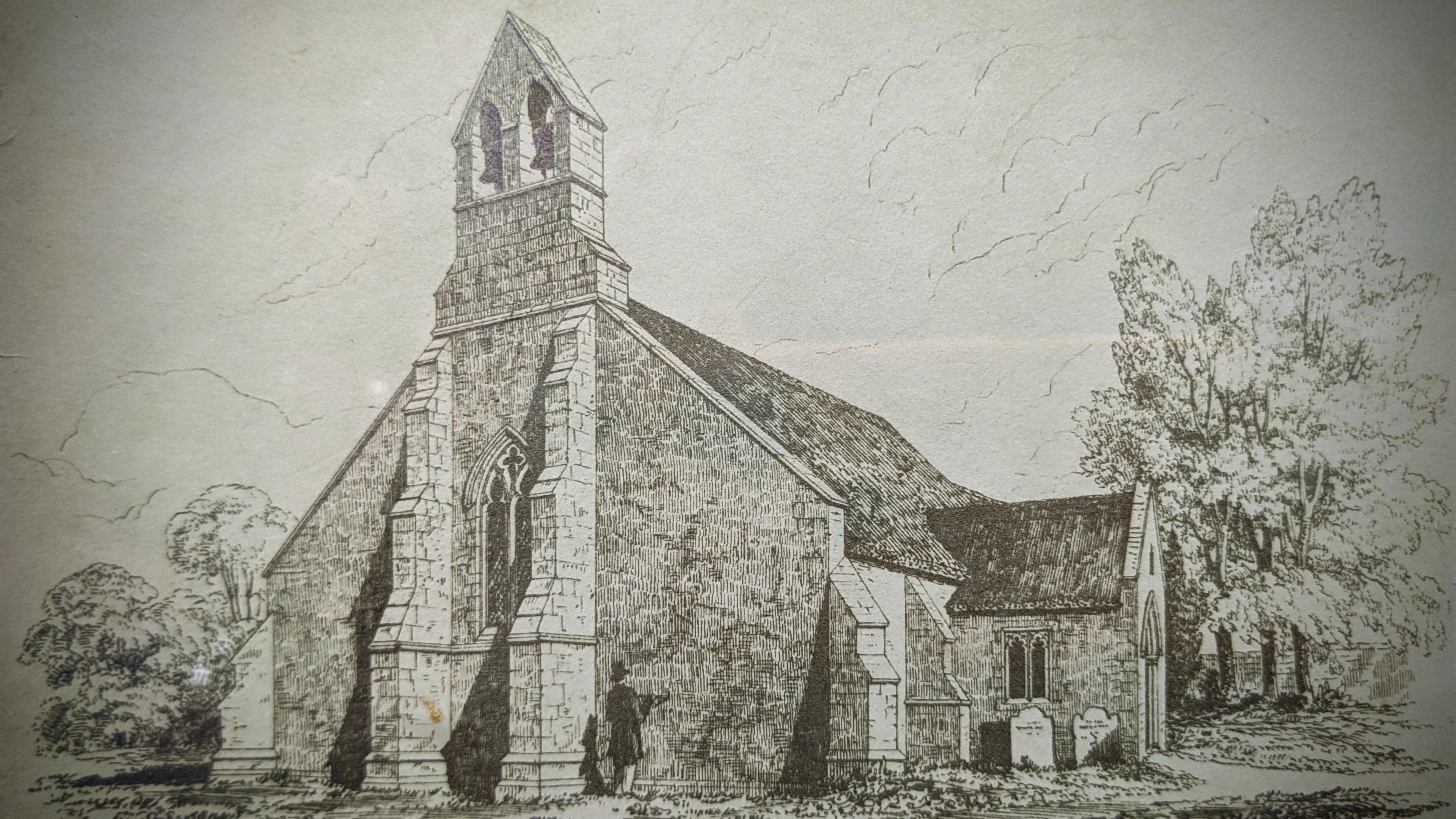 An old black and white drawing shows a village church surrounded by trees. A man wearing a top hat can be seen walking nearby