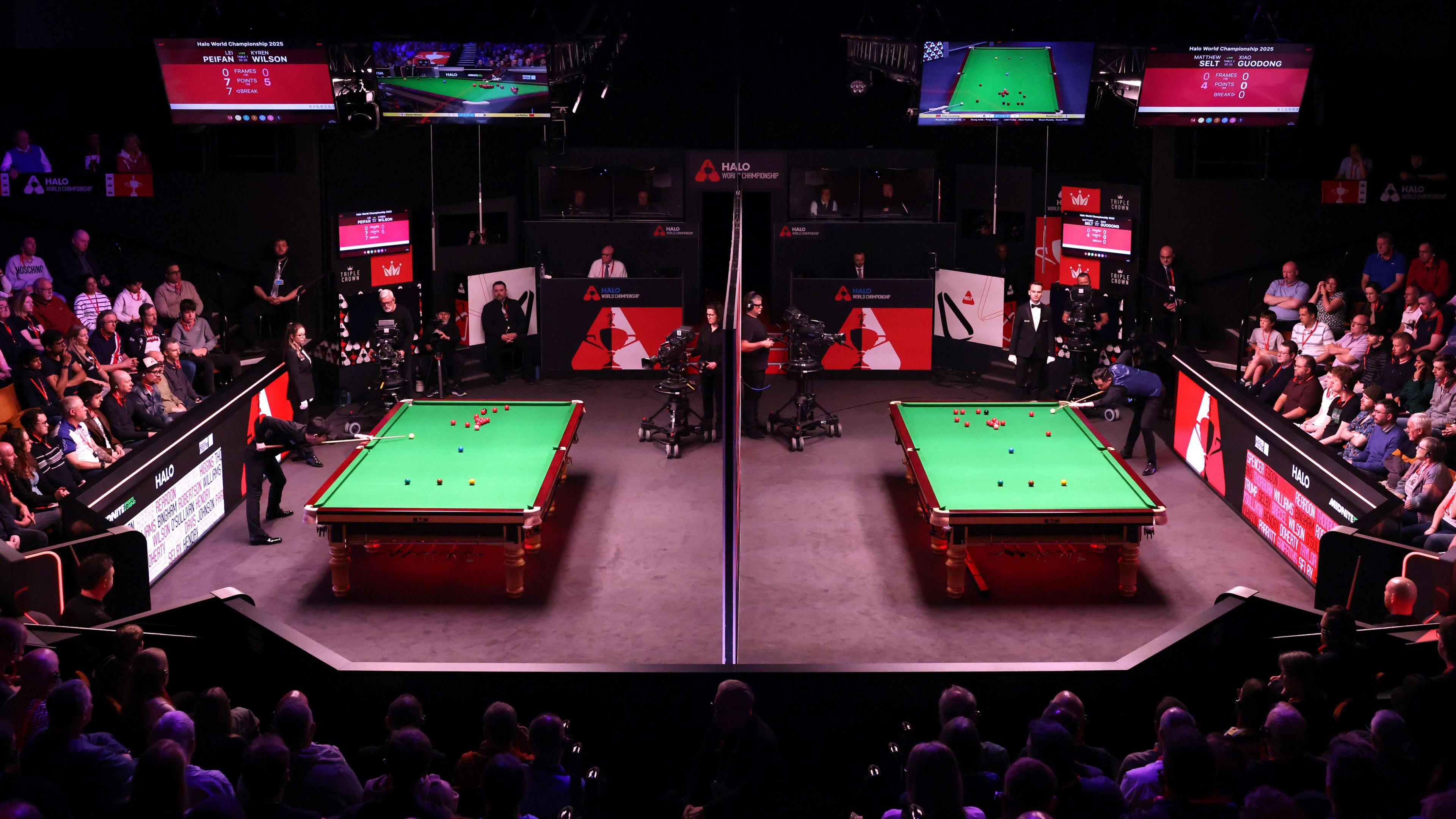 The two snooker tables inside the the Crucible Theatre, Sheffield.