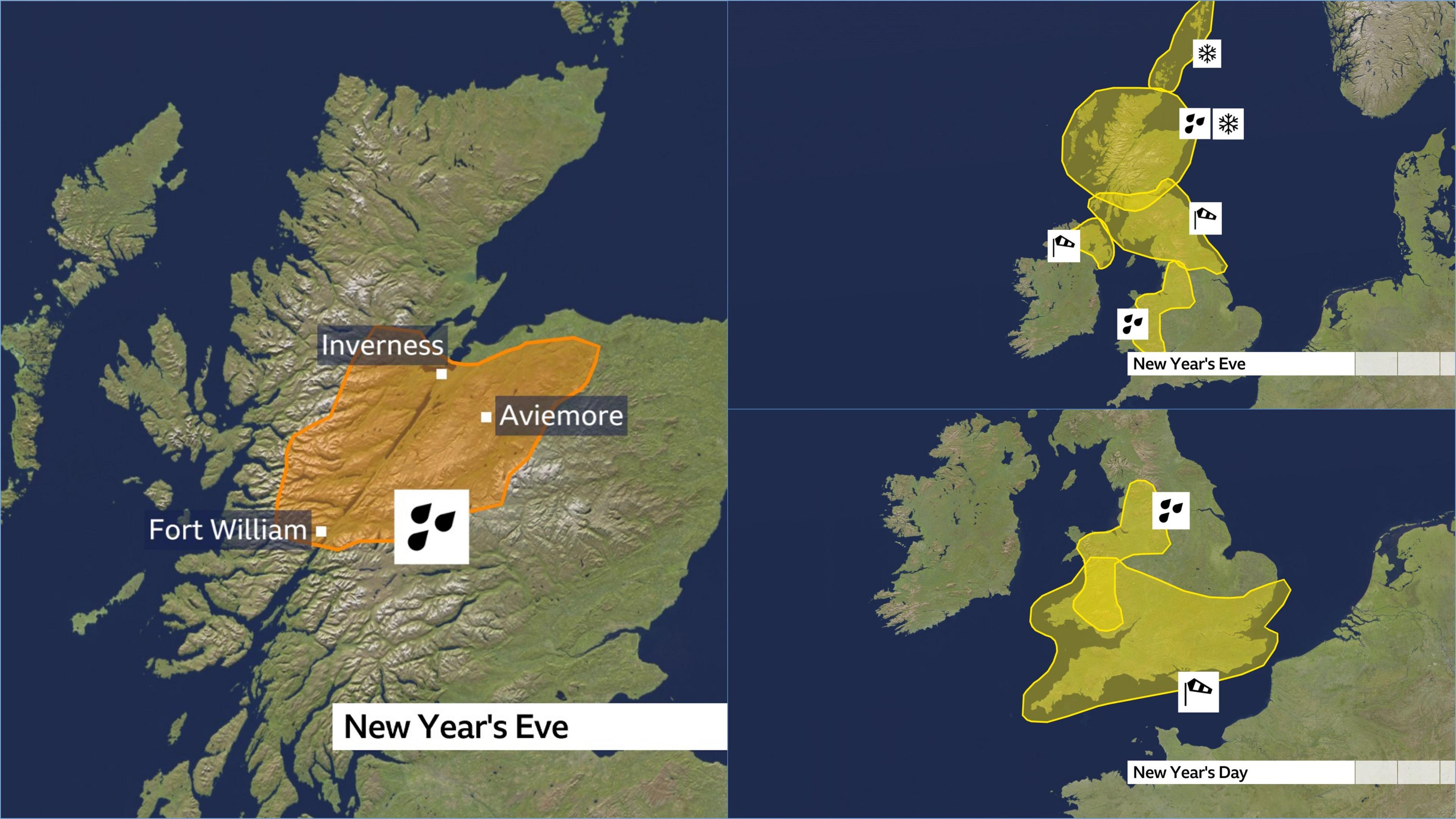 Weather warnings over New Year's Eve and New Year's Day. 