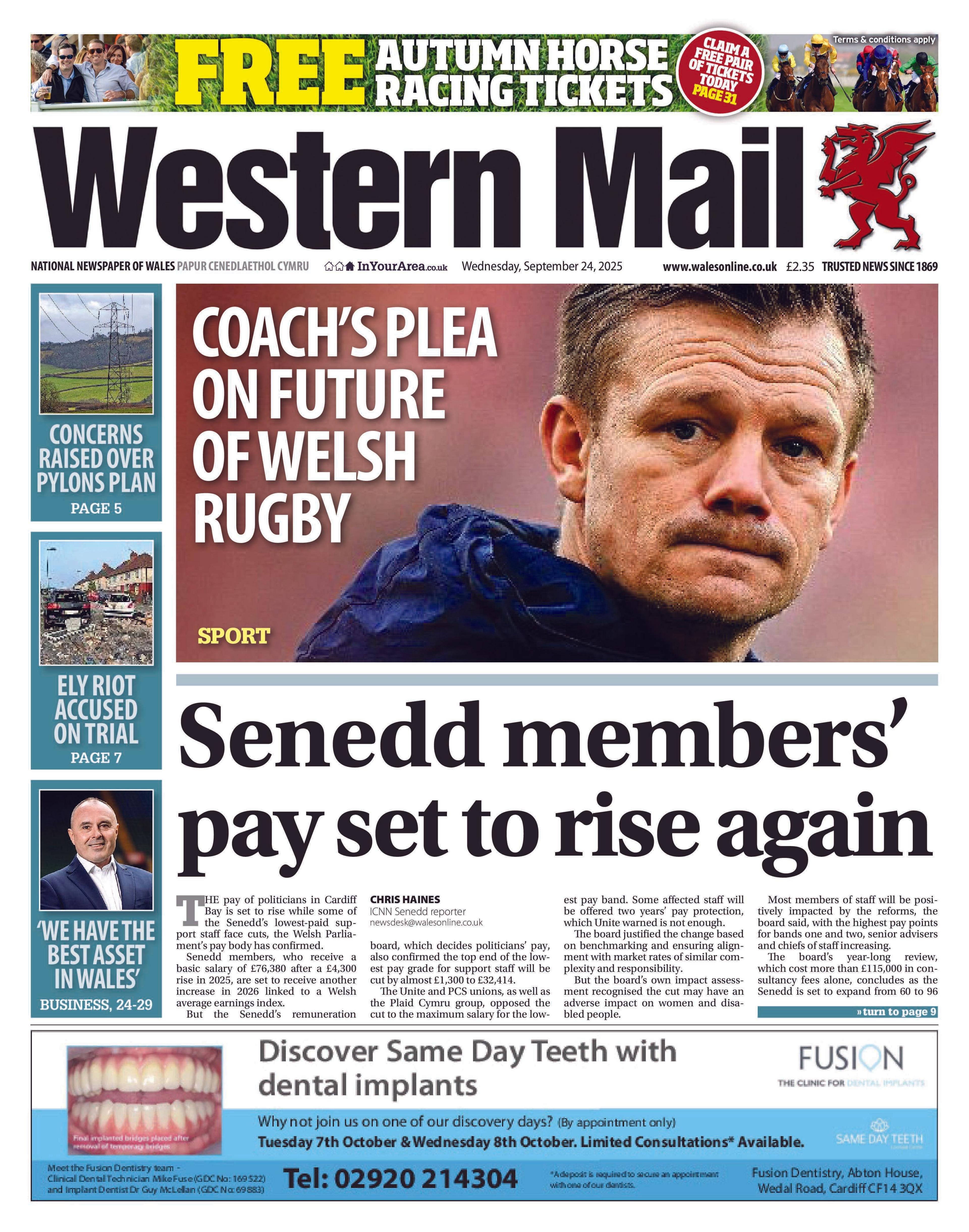 Western Mail front page includes the main headline: Senedd members' pay set to rise again