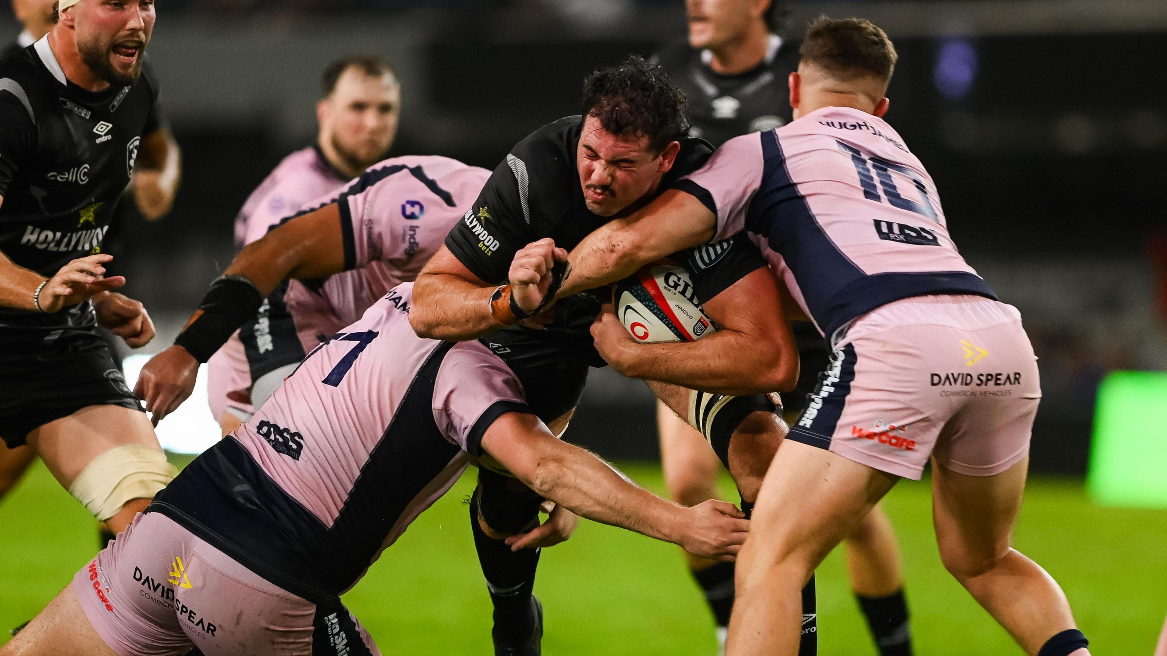 Emile van Heerden carries hard for Sharks against Cardiff