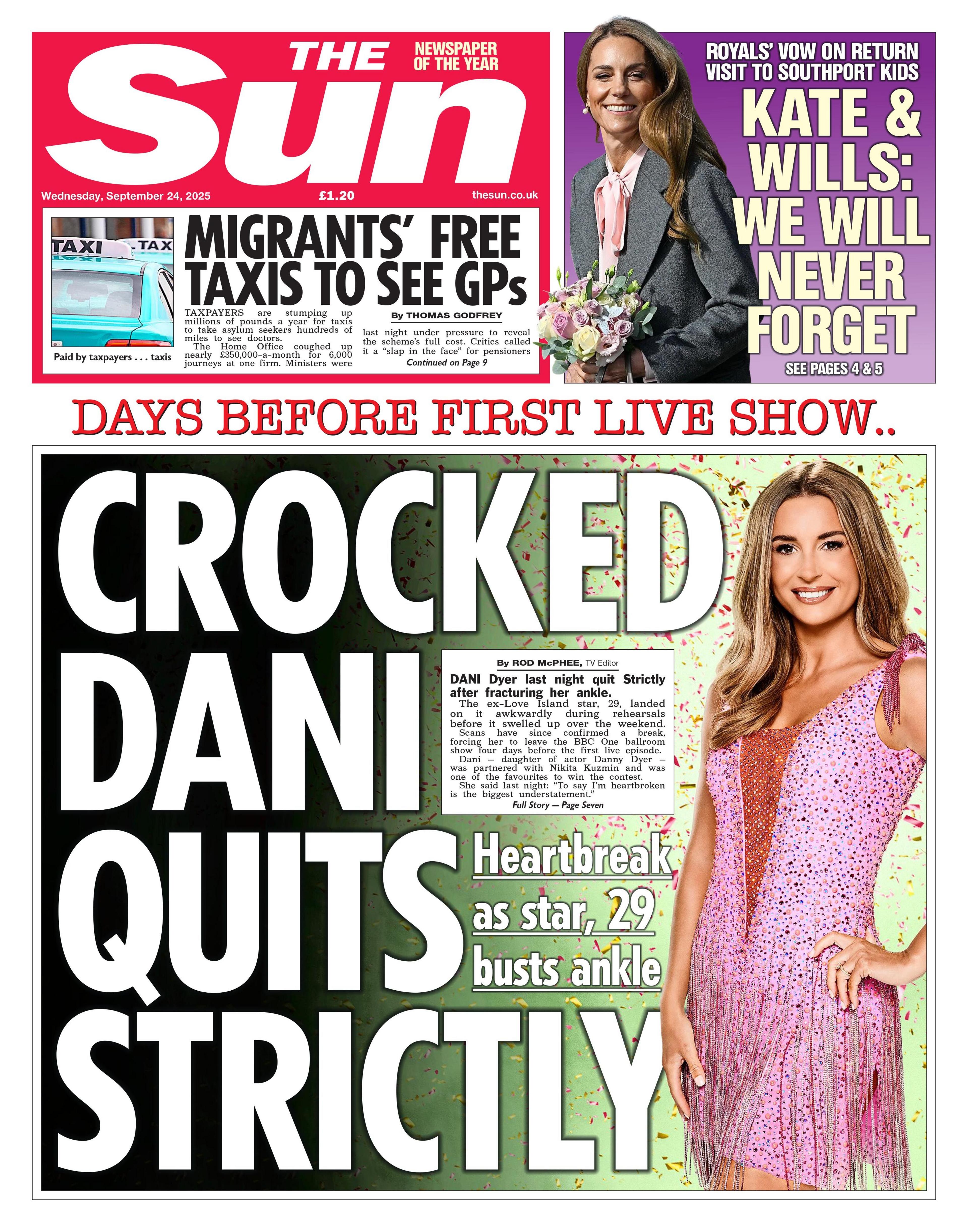 "Crocked Dani quits Strictly" reads the headline of the front page of The Sun.