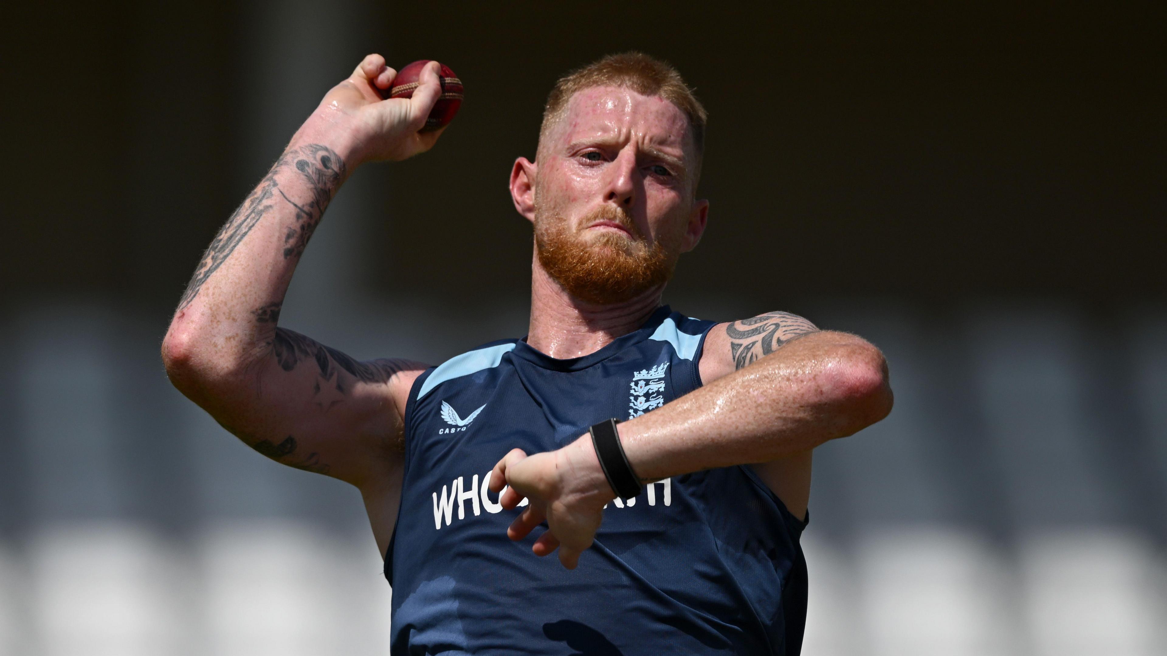 England captain Ben Stokes bowls during a net session