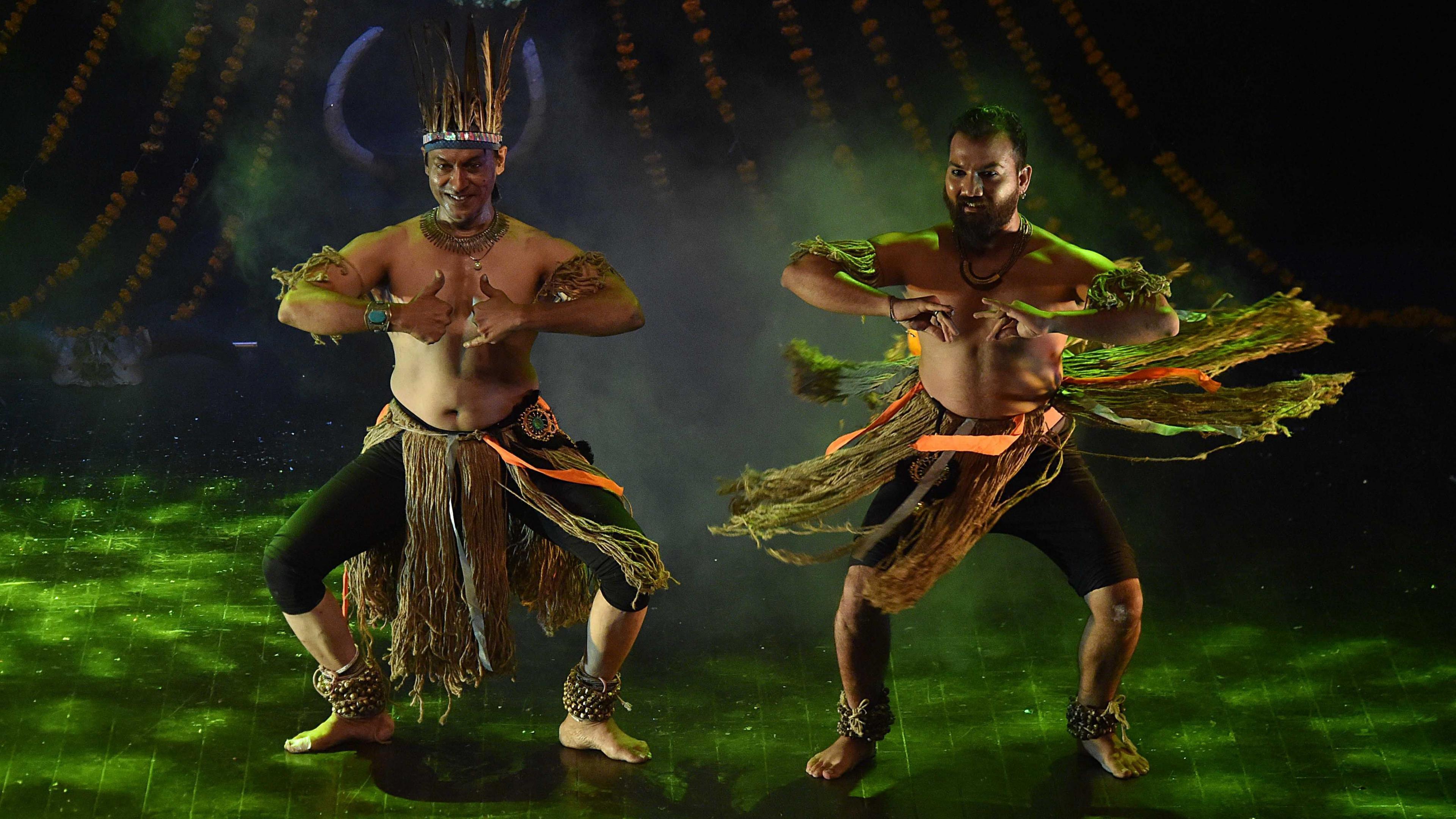 Two South African artists from the Ajao Africa group perform during a festival at the Arts Council of Pakistan (ACP) in Karachi, Pakistan, - Thursday 11 October 2024.