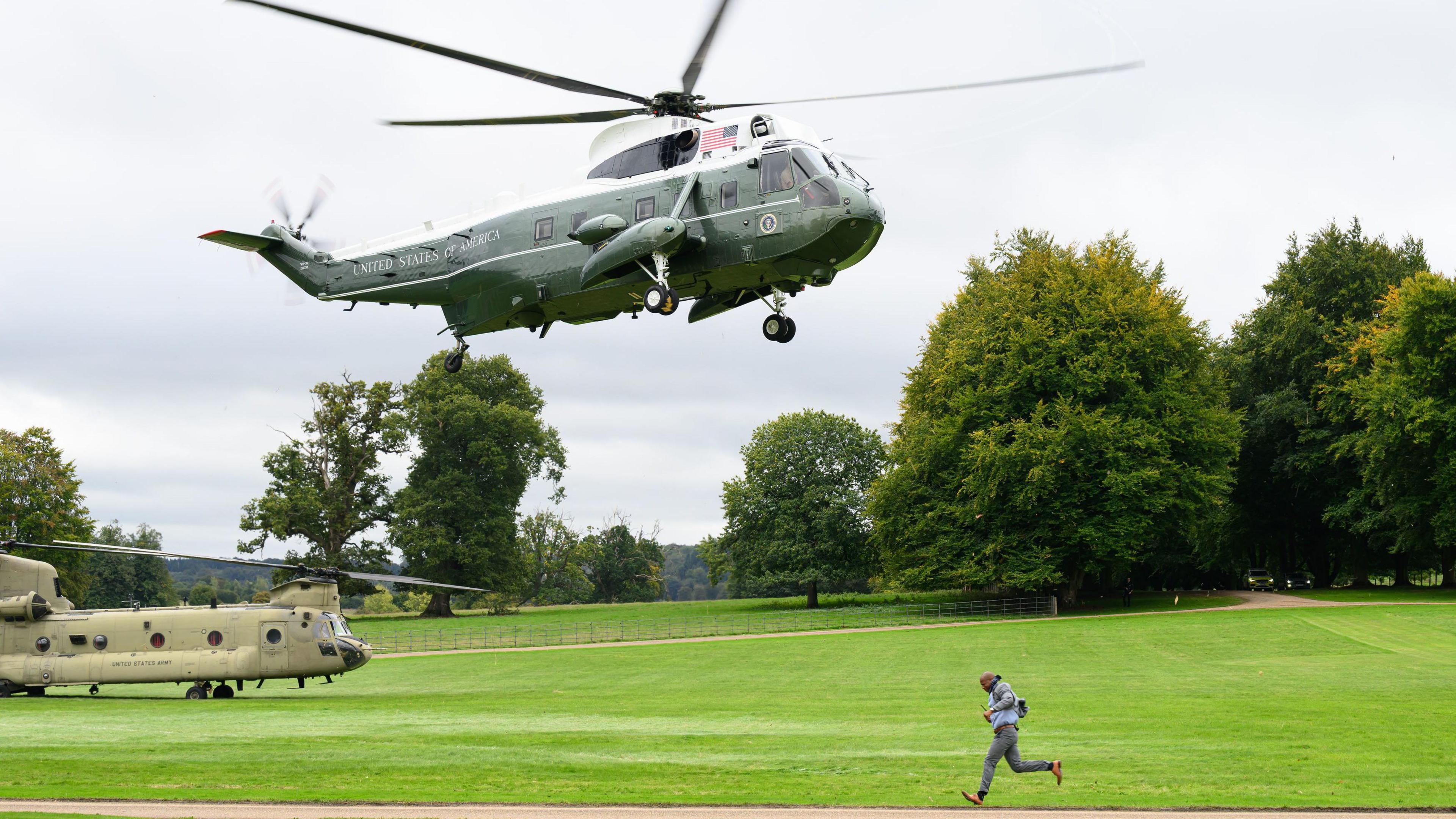 Marine One comes in to land as US President Donald Trump arrives at Chequers, near Aylesbury in Buckinghamshire