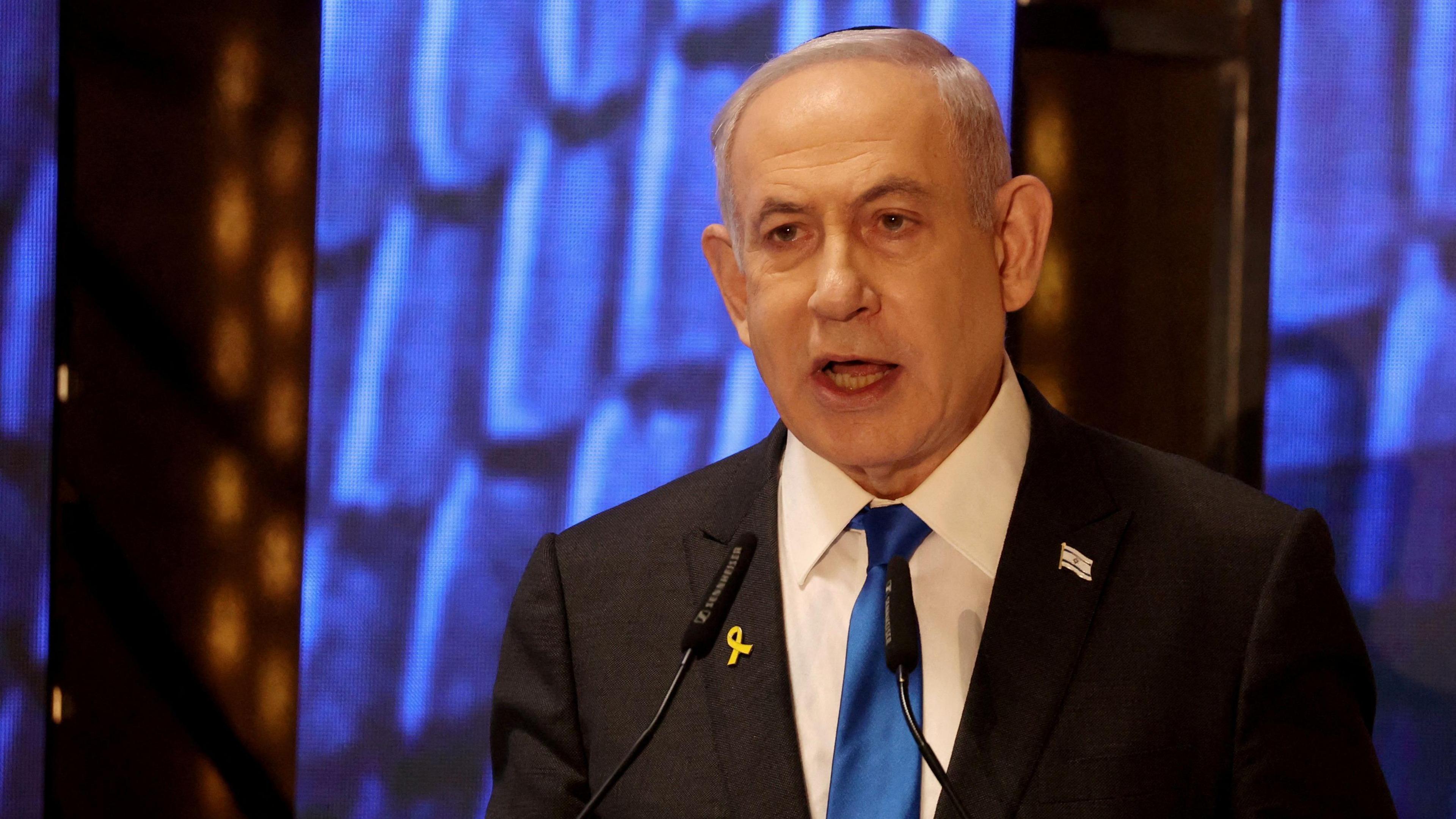 Benjamin Netanyahu speaks during a ceremony 