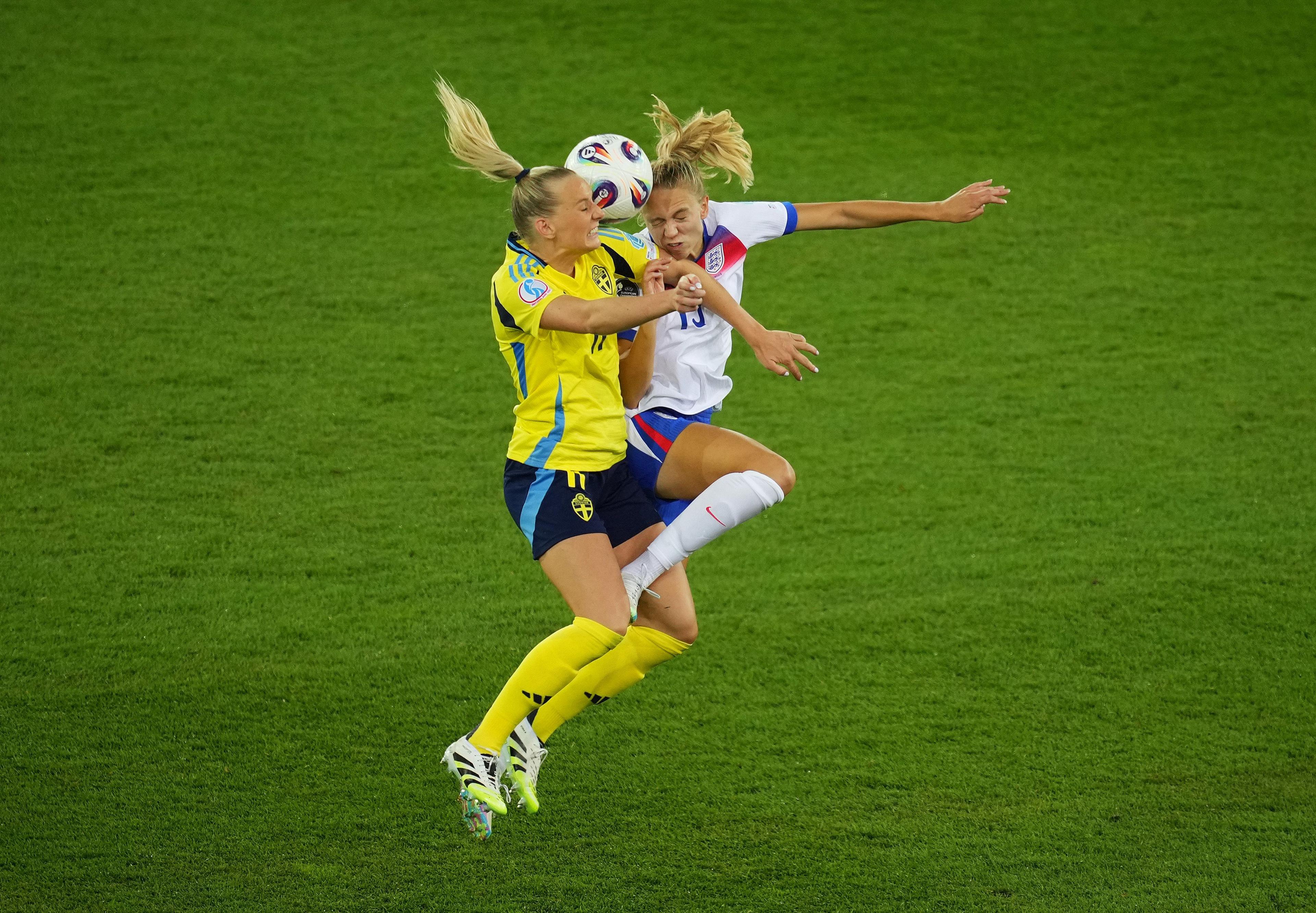 Sweden's Stina Blackstenius battles for possession with England's Esme Morgan during the UEFA Women's EURO 2025 Quarter-Final match in Zurich, Switzerland. Photo by Alex Caparros