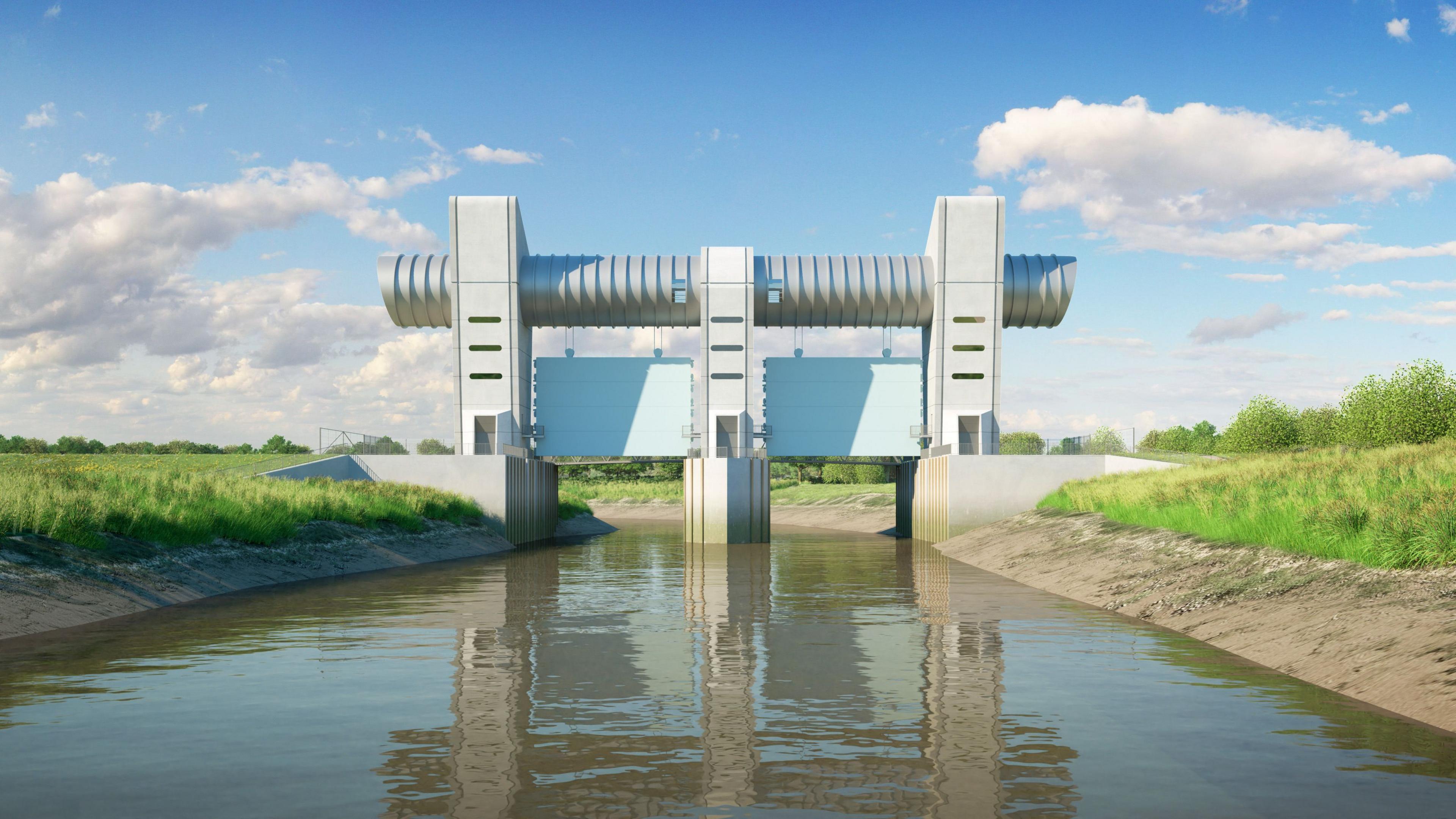 A computer-generated image of the flood barrier, over the river. It is a large structure made out of two main barriers above the water, with a bridge running along the width of it. The perspective is taken from just above river level, with the barrier square in the centre of the image. From this angle it is easier to see how the two gates would lower to prevent water passing through. 