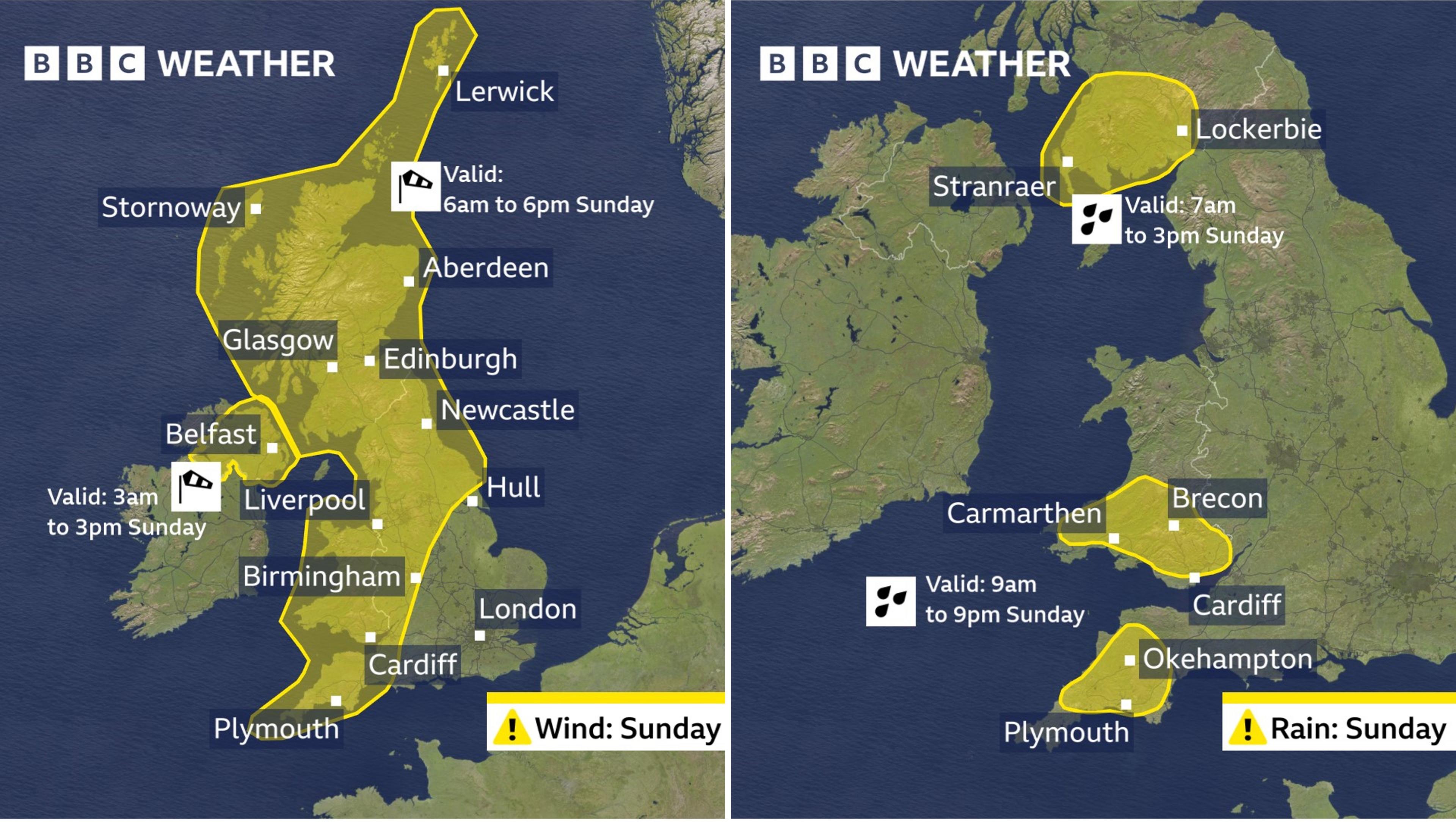 Two UK map images of the yellow weather warnings for Sunday: On the left, the wind warning covers Scotland, Northern Ireland, Wales and northern and western areas of England. On the right, the rain warning covers south-west Scotland and parts of south Wales and the south-west of England.