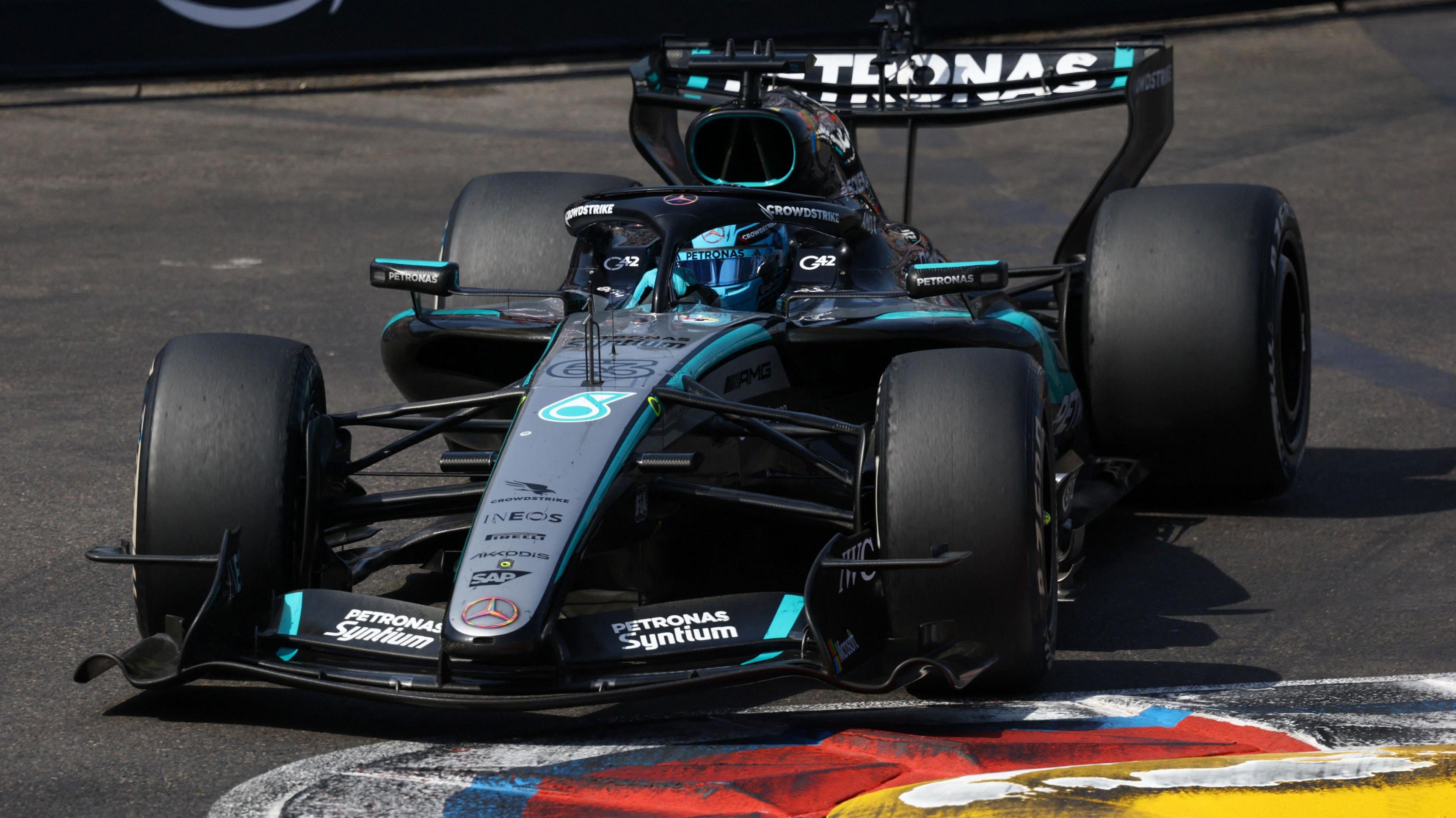 George Russell driving his Mercedes during the 2026 Monaco Grand Prix