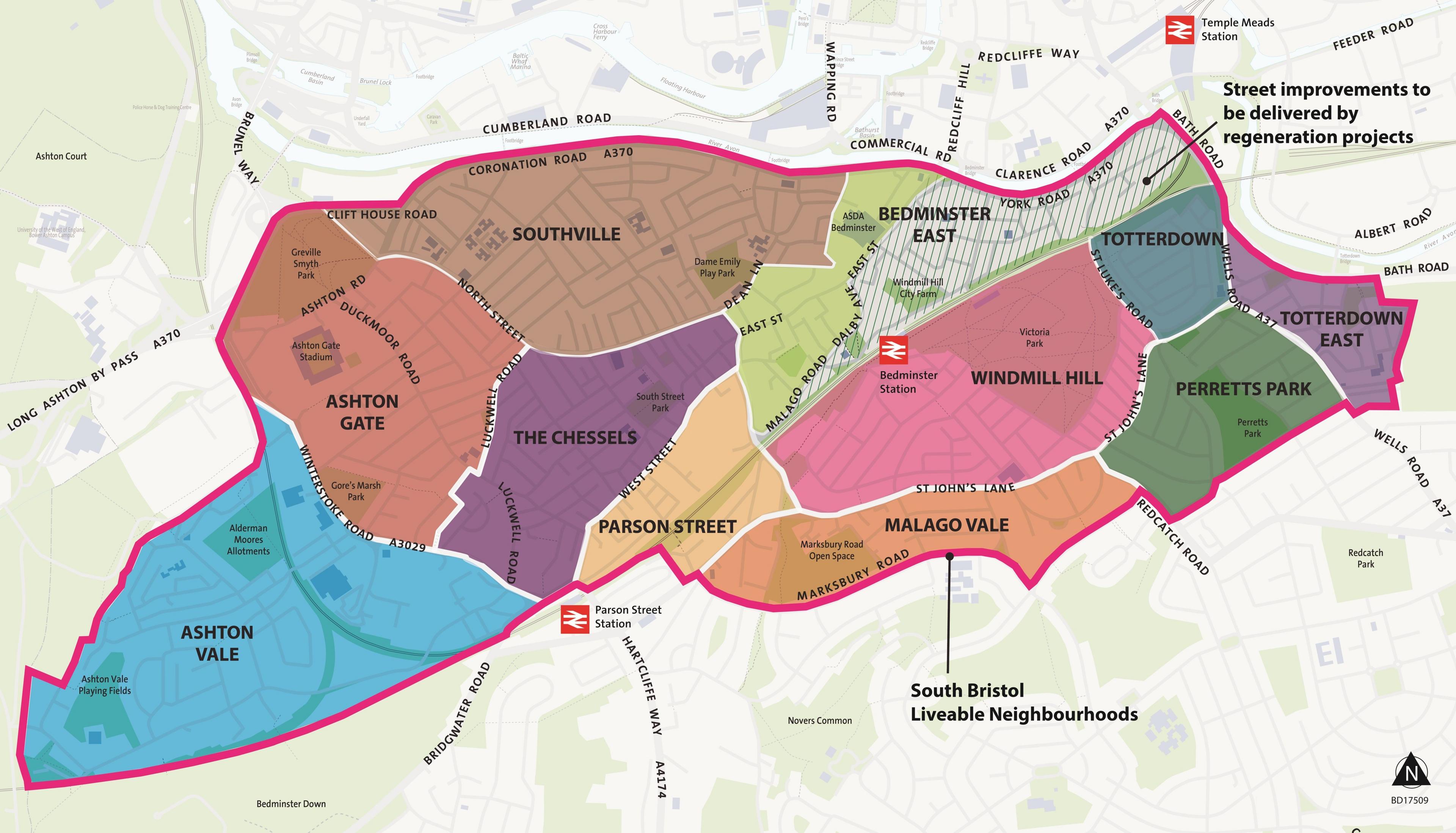 The map of South Bristol is colour coded, with each neighbourhood in a different shade. The whole South Bristol area is outlined in pink and the area outside of that is greyed out. The map is to show the area selected as part of the proposed South Bristol liveable neighbourhoods.