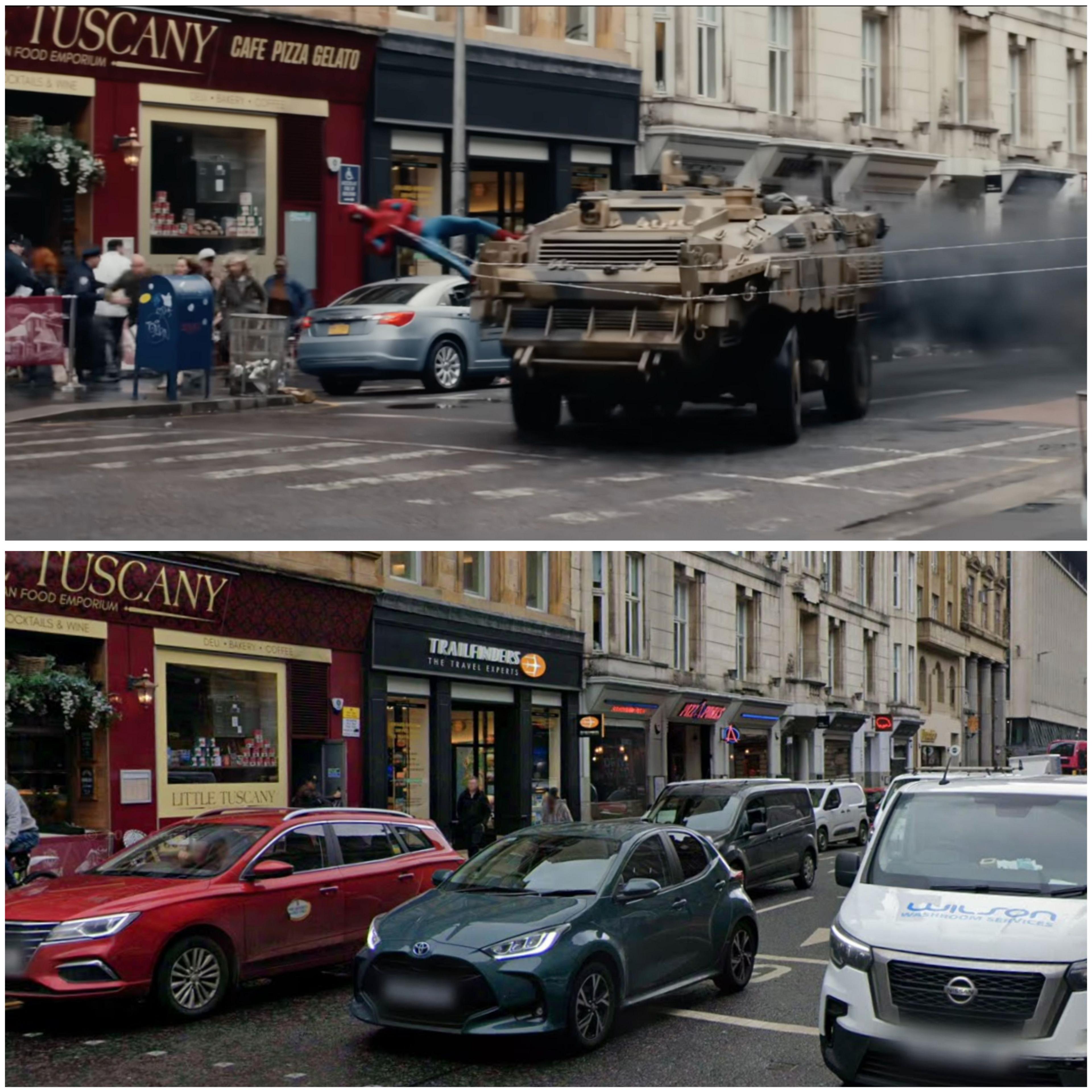 A side by side image of a busy glasgow street with a restaurant on the corner, with a comparison of a shot from the film where Spiderman swings past while attached to a speeding tank.