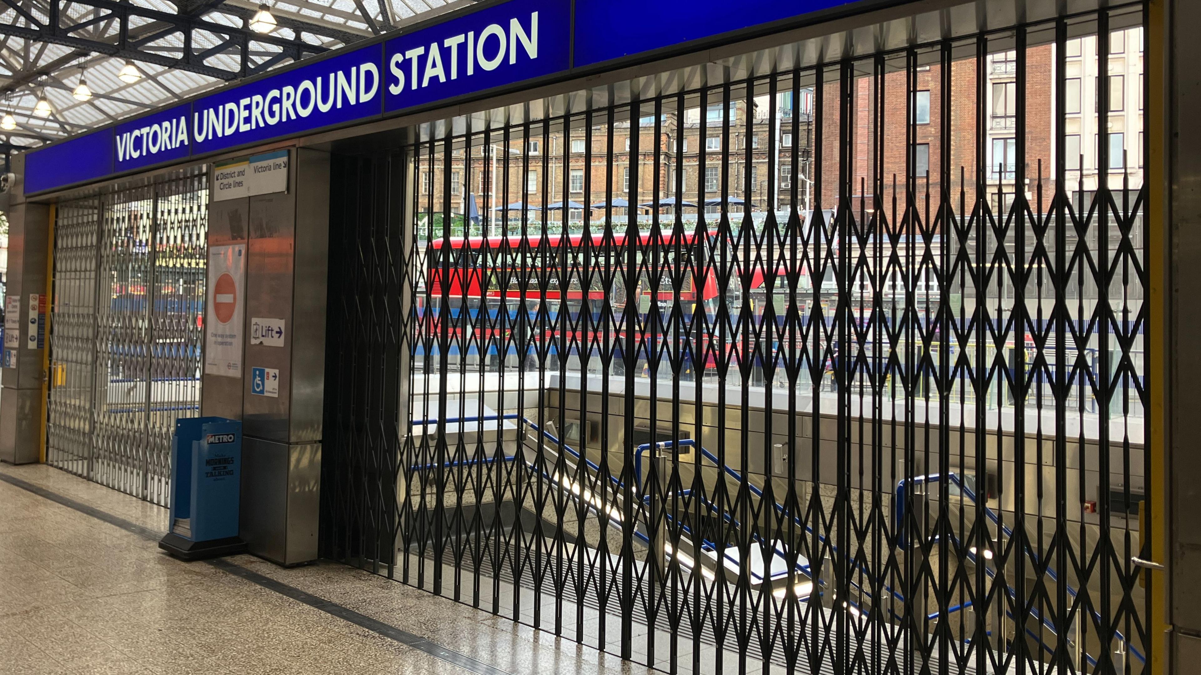 Victoria Underground station entrance barriers pulled across