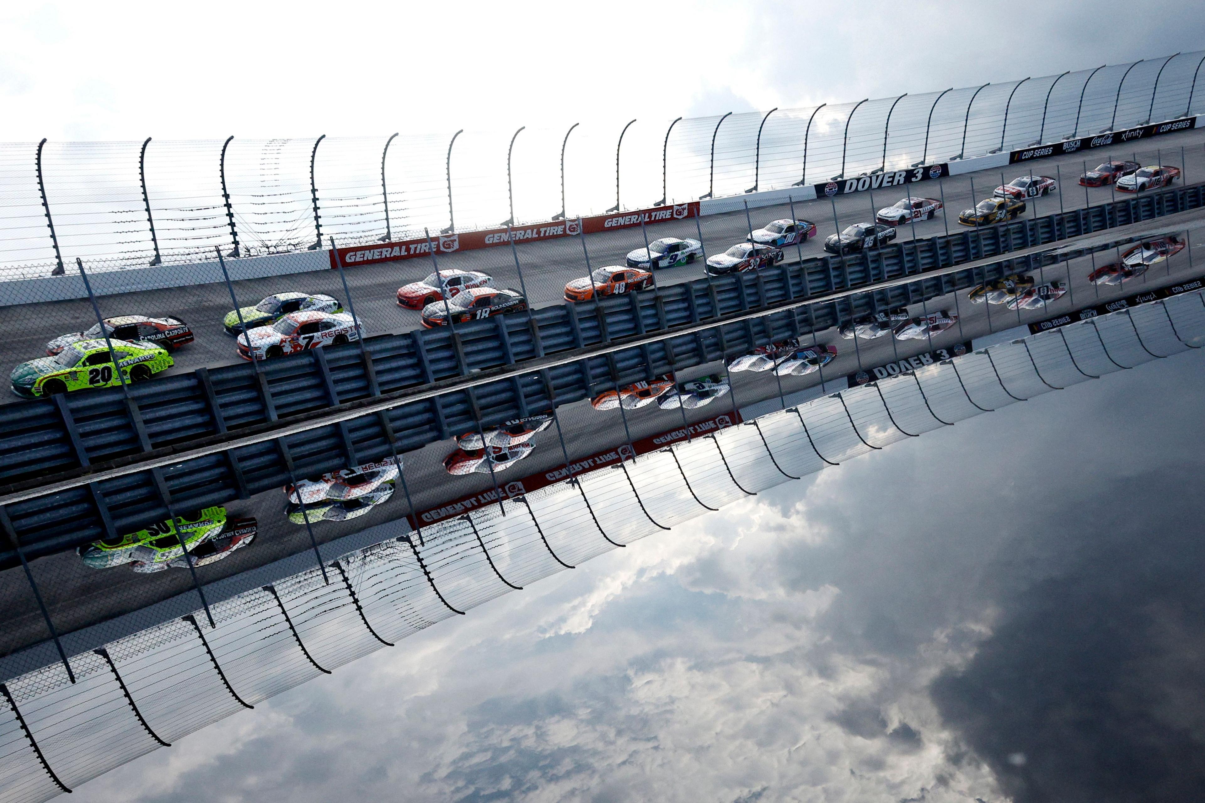 A general view of racing during the NASCAR Xfinity Series BetRivers 200 at Dover Motor Speedway on July 19, 2025 in Dover, Delaware. Photo by Sean Gardner