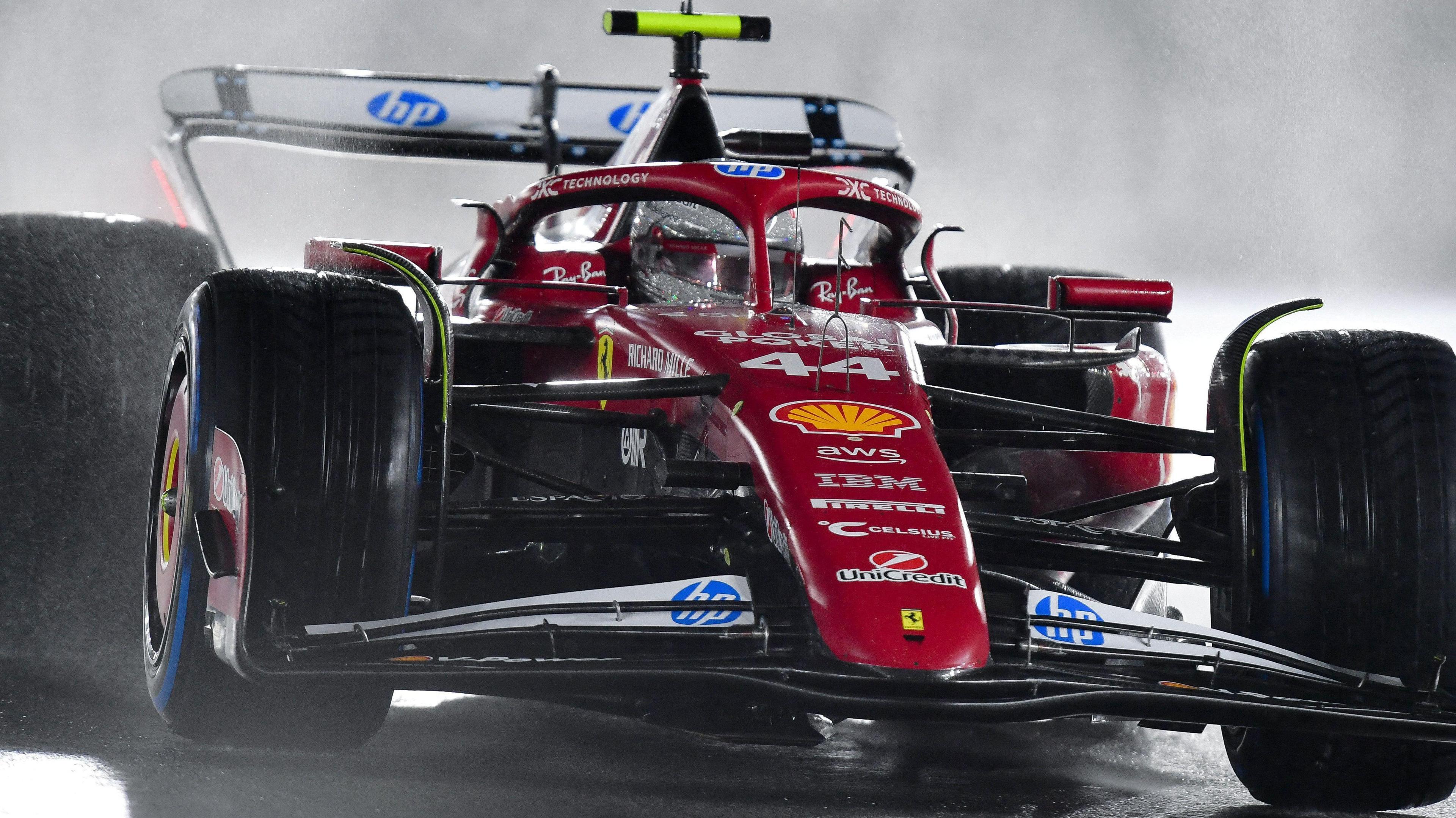 Lewis Hamilton driving his Ferrari during the wet conditions in Las Vegas Grand Prix qualifying