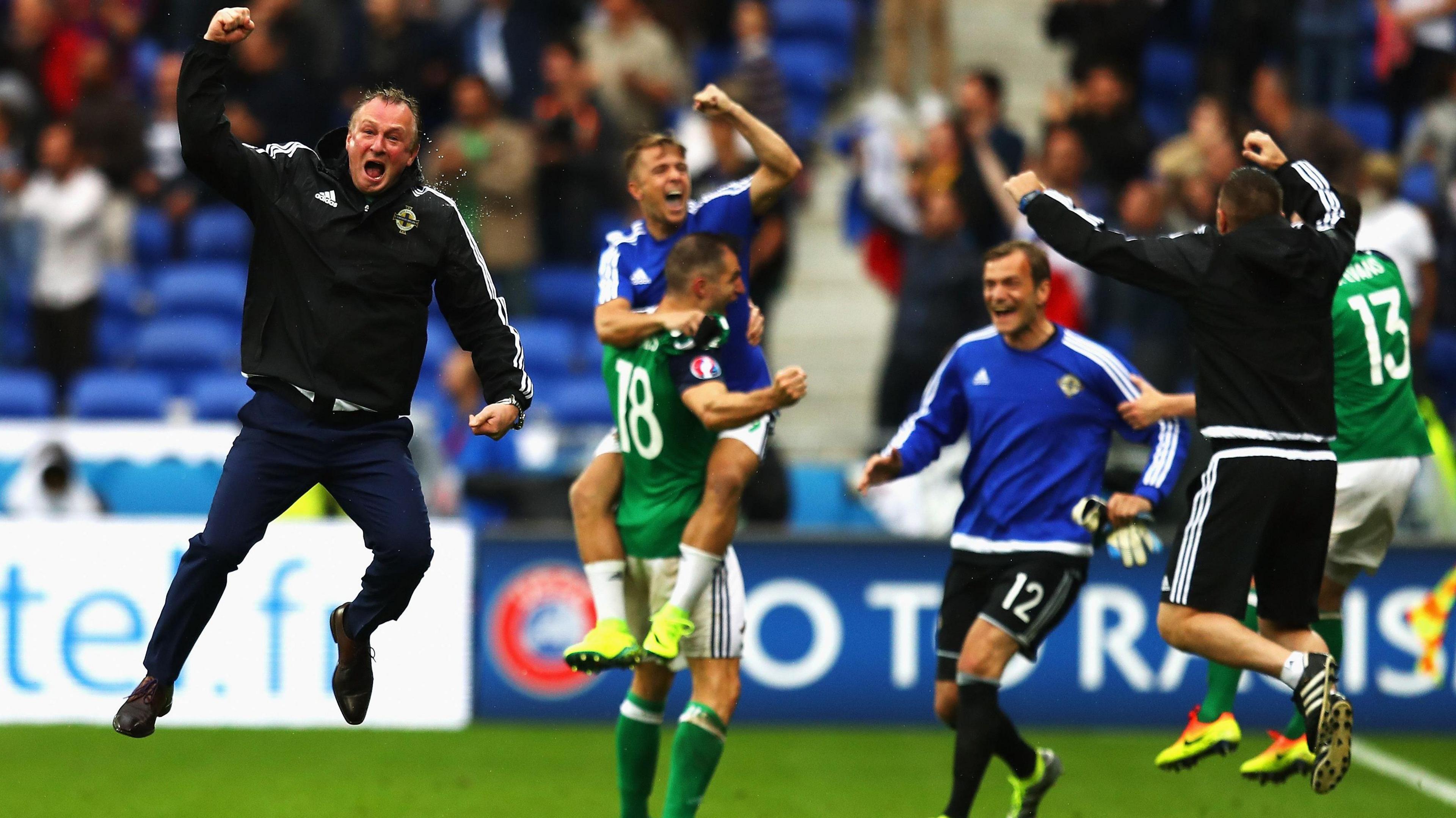 Michael O'Neill celebrates against Ukraine