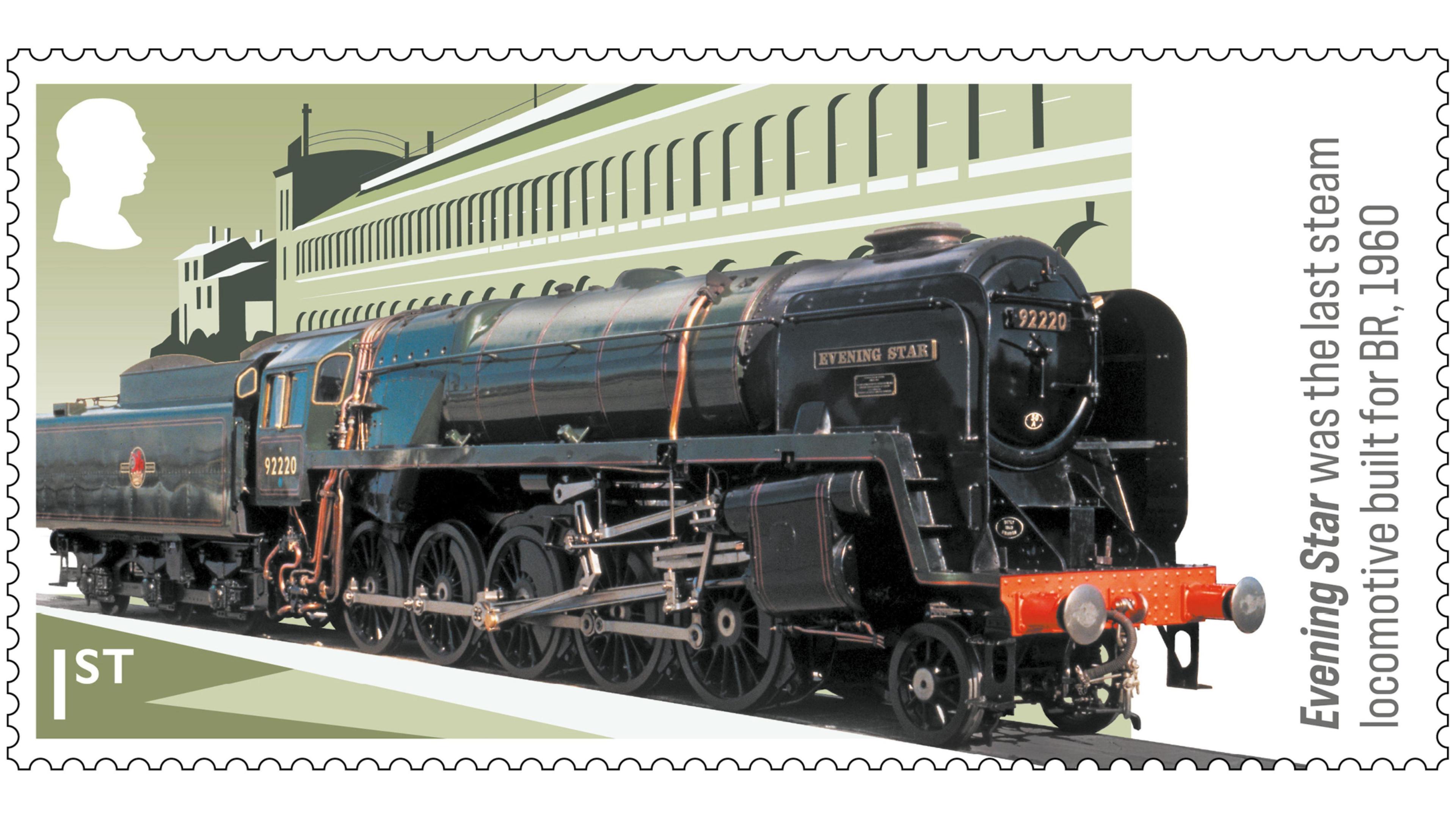 A first-class stamp depicting blue and black metal Evening Star. Text on the stamp reads: "Evening Star was the last steam locomotive built for BR, 1960."